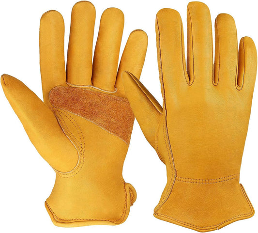 OZERO Leather Work Gloves Flex Grip Stretchable Tough Cowhide Work Gloves 1 Pair (Gold, Medium)