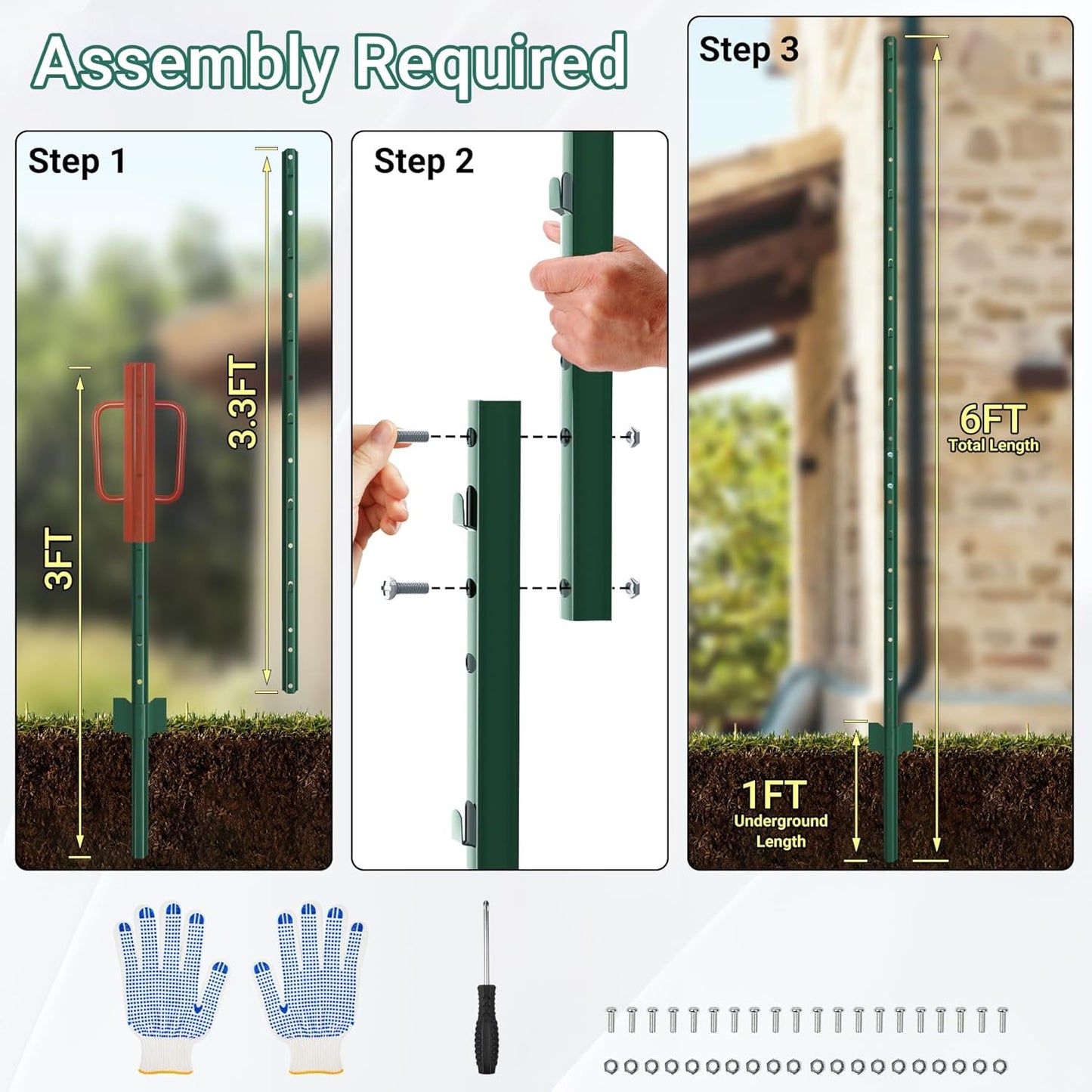 Fence Posts 6 Ft - 8 Pack, Requires Manual Assembly - Heavy Duty Metal Fence Post, No Dig U Post for Farm, Garden, Orchard and Outdoor Wire Fencing (Green)