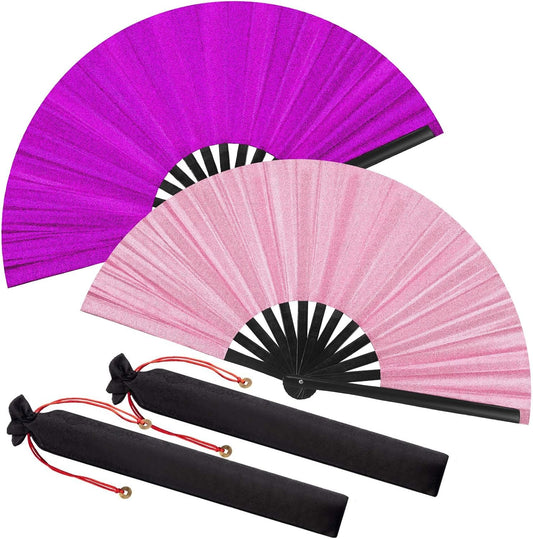 Maitys Large Clap Fans for Line Dancing Large Chinese Folding Hand Fans for Men and Women, Festival, Tai Ji, Kungfu, Martial Art, Gifts(Glitter Purple and Pink,2 Packs)