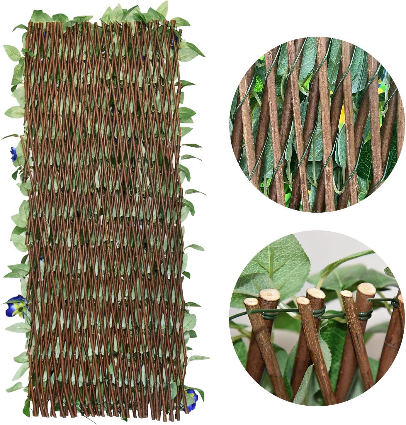 Expandable Fence Privacy Screen for Balcony Patio Outdoor,Decorative Faux Ivy Fencing Panel,Artificial Hedges (Single Sided Leaves) (4, Blue Flowers)
