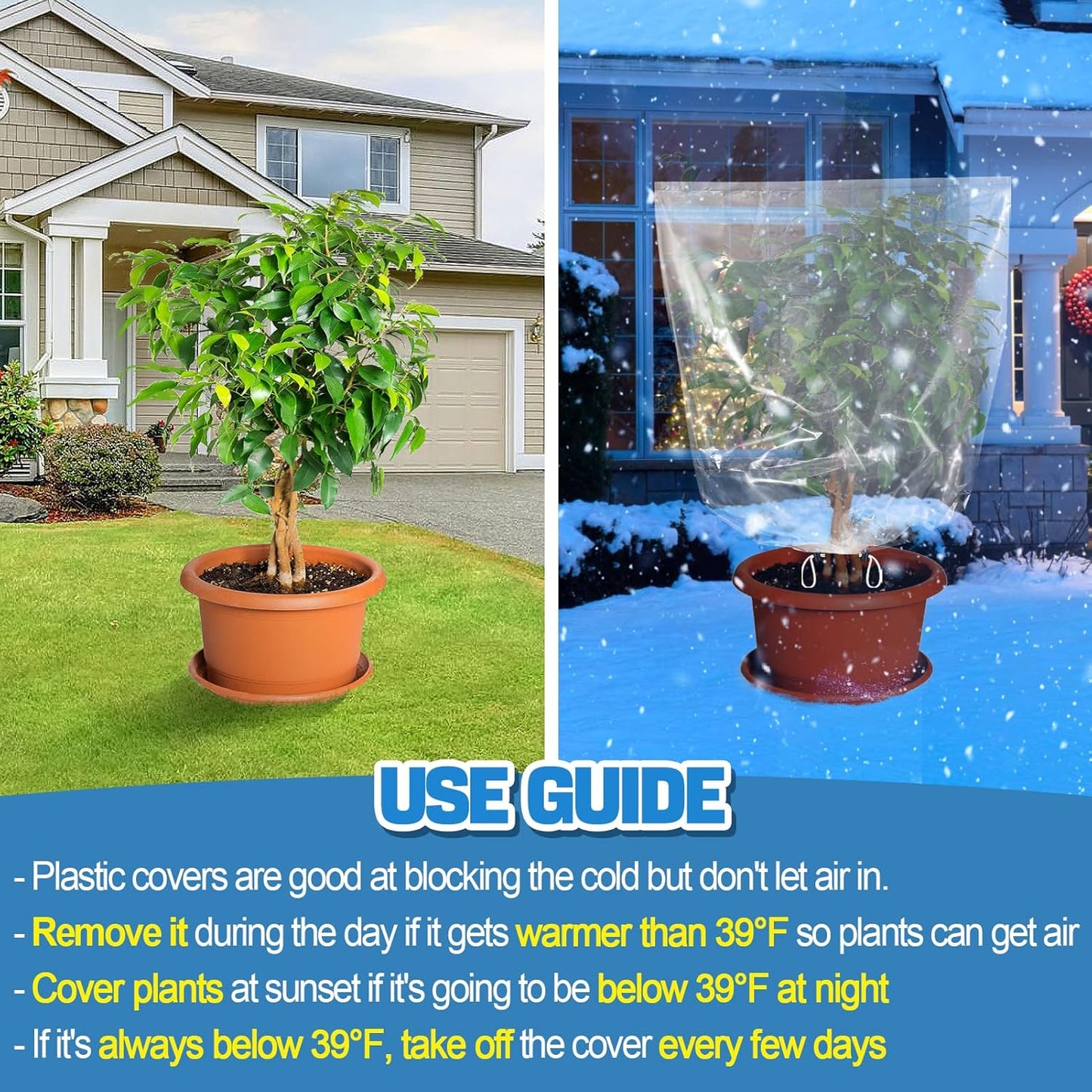 6 Pcs Winter Plant Cover Freeze Protection - 39.3" x 39.3" Plastic Plant Frost Bags with Drawstring, Transparent Waterproof Plant Shelter Coverings for Outdoors Garden Plants Shrubs Sapling Bushes