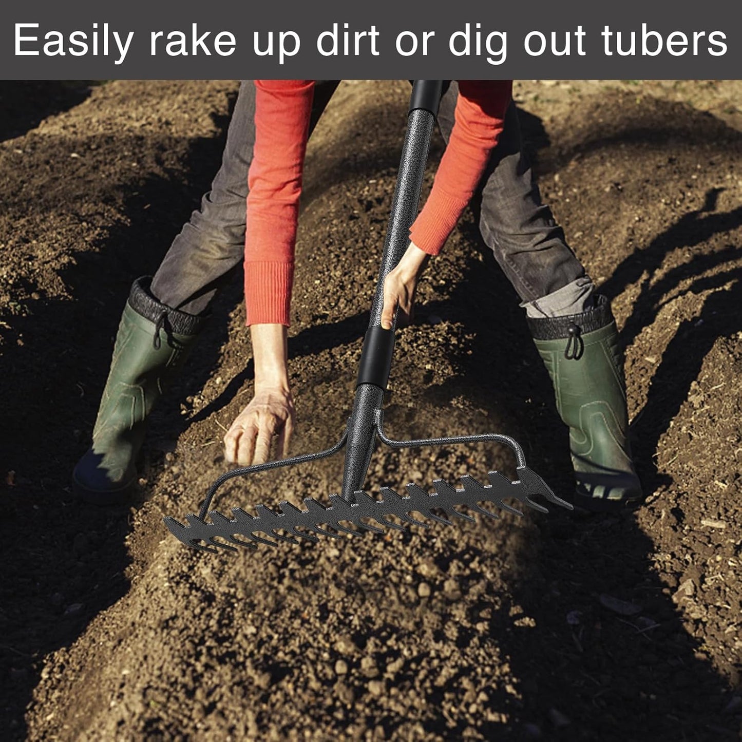 Bow Rakes for Lawns, 17 Prongs 17" Wide Heavy Duty Metal Garden Rake Long Handle 50", Adjustable Rock Yard Thatch Rake for Leaves Gardening Loosening Soil Mulch Gathering Leaf