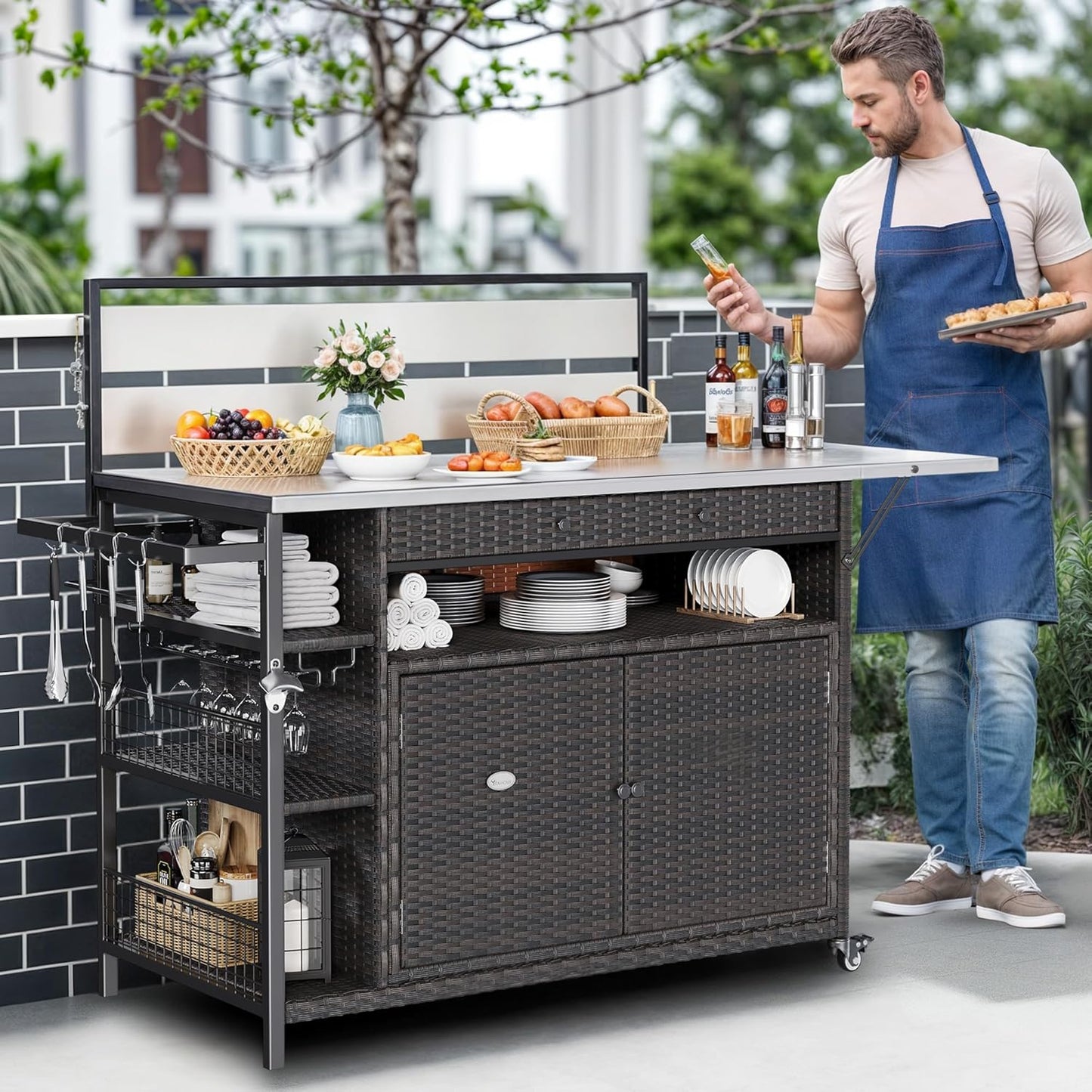 YITAHOME XL Outdoor Kitchen Island, Outdoor Bar Table & Storage Cabinet, Wheels and Stainless Steel Extended Table Top, Side Handle for Patio Kitchen or Bar Cart, Dark Brown