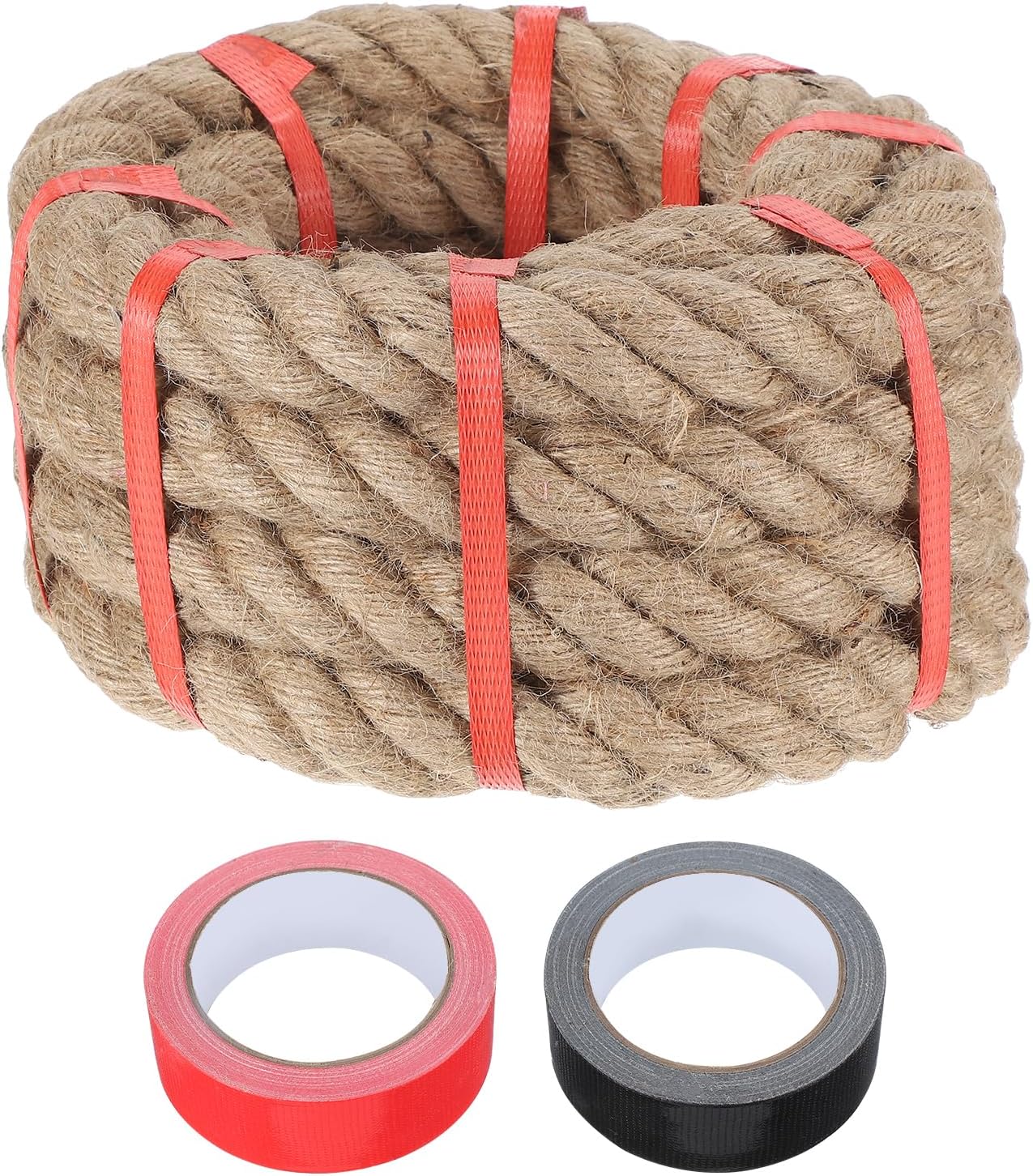 MECCANIXITY Jute Rope 1.4 Inch x 15ft, Thick Twine Rope Ropes Braided Jute Twine Natural Brown Burlap Cord String Heavy Twisted with Tapes for Decorative Crafts Railing Swing Tug of War