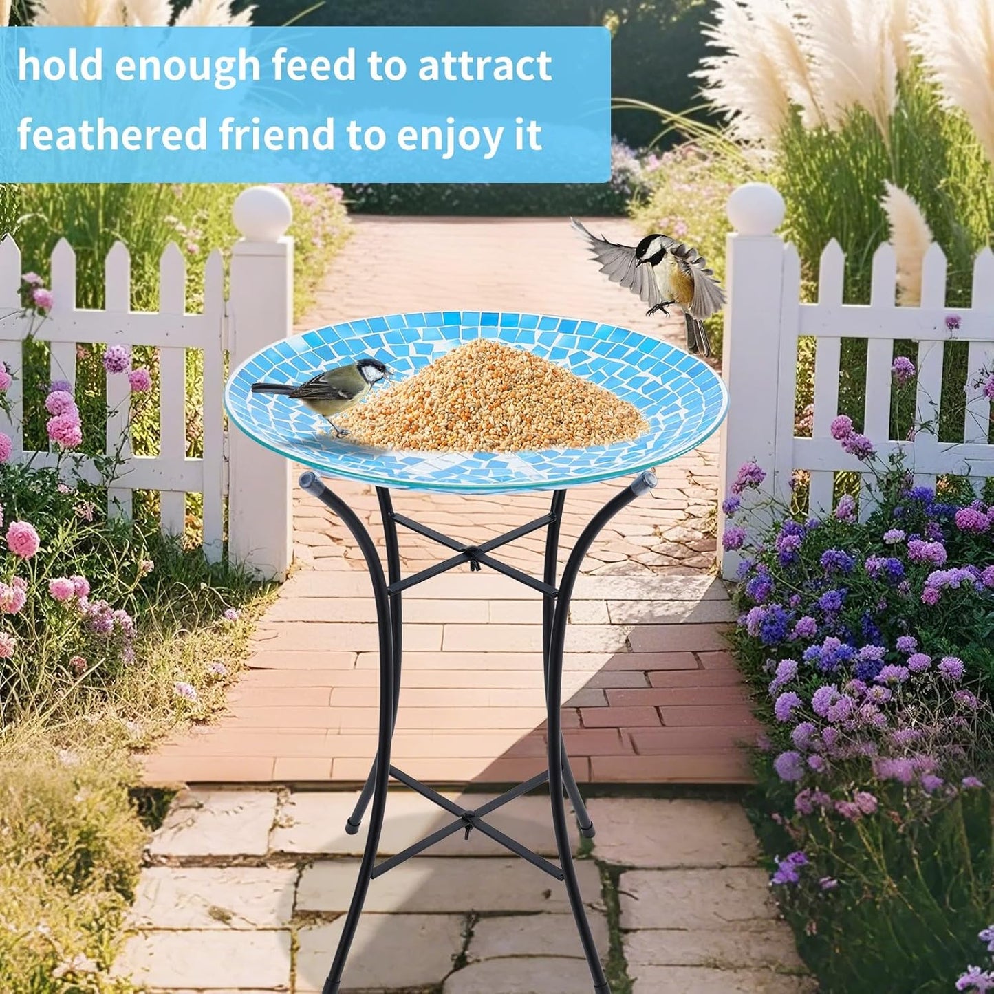 MUMTOP Mosaic Glass Bird Baths, 14 Inch Width Outdoor Garden Dragonfly Bird Bath Bowl with Metal Stand, Unique Glass Birdbaths Bird Feeder for Yard Decor, 19.68 Inch Height
