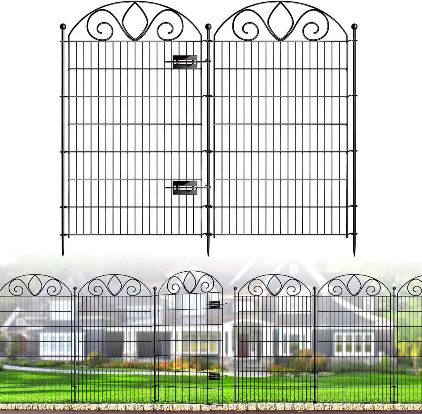 8 Panels No Dig Tall Garden Fence with Gate – 48" H X 21' L Rustproof Metal Dog Fence Outdoor for Yard, Decorative Animal Barrier Fence for Pet, Garden Border, Patio, Flower | Temporary Fencing