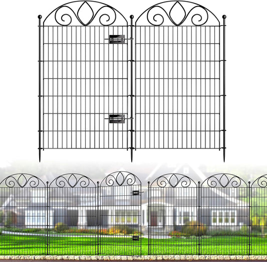 8 Panels No Dig Tall Garden Fence with Gate – 48" H X 21' L Rustproof Metal Dog Fence Outdoor for Yard, Decorative Animal Barrier Fence for Pet, Garden Border, Patio, Flower | Temporary Fencing