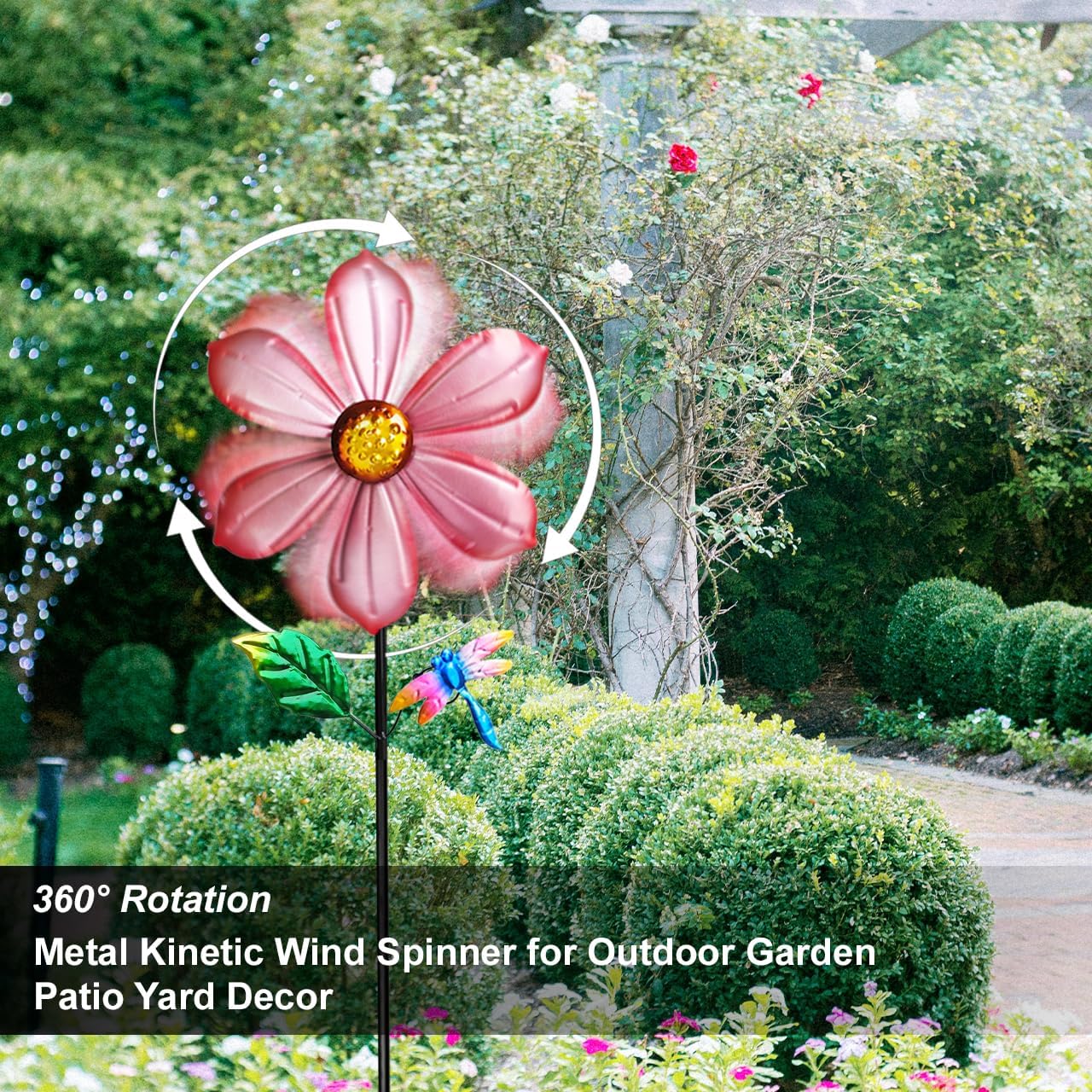 Metal Outdoor Flower Wind Spinner with Pink Floral & Gold Dragonfly, Decorative Kinetic Wind Sculpture for Yard, Garden, Patio, Lawn - Vibran Garden Art & Lawn Ornament for Outdoor Decor