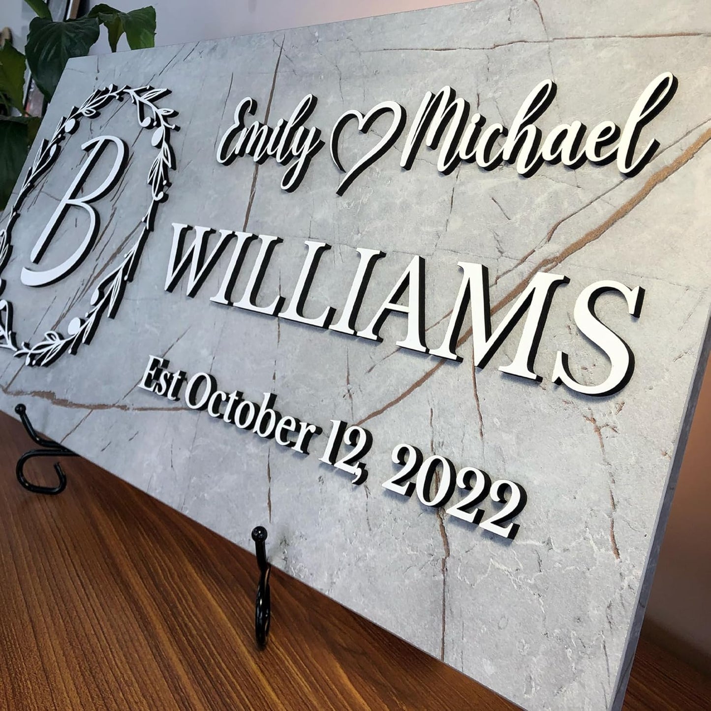 Personalized Monogrammed Family Name Sign with Couple Names, Marble Look Wood Sign, Personalized Wedding Gift, Modern Established Date Wall Decor, Anniversary of Housewarming