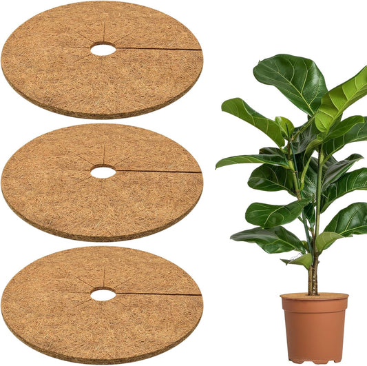 ZeeDix 3 Pack 14 Inch Coconut Fiber Mulch Ring, 100% Natural Coco Coir Tree Ring Mulch Mat Plant Protector Mat, Coconut Coir Discs Plant Pot Soil Cover for Indoor Outdoor Plants, Garden Decoration