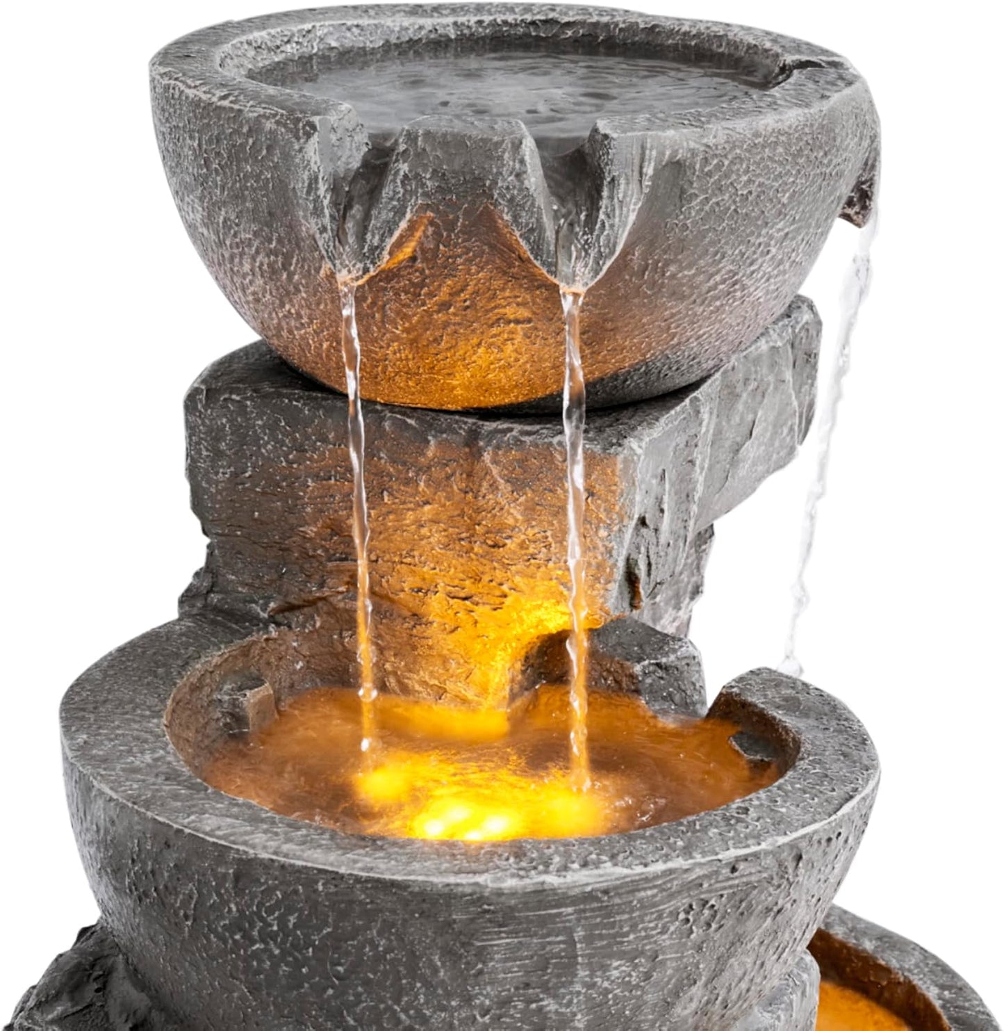 Teamson Home 33.25 in. Cascading Bowls and Stacked Stones LED Outdoor Water Fountain for Gardens, Landscaping, Patios, Balconies, and Lawns for a Calming Oasis in Outdoor Living Spaces, Stone Gray