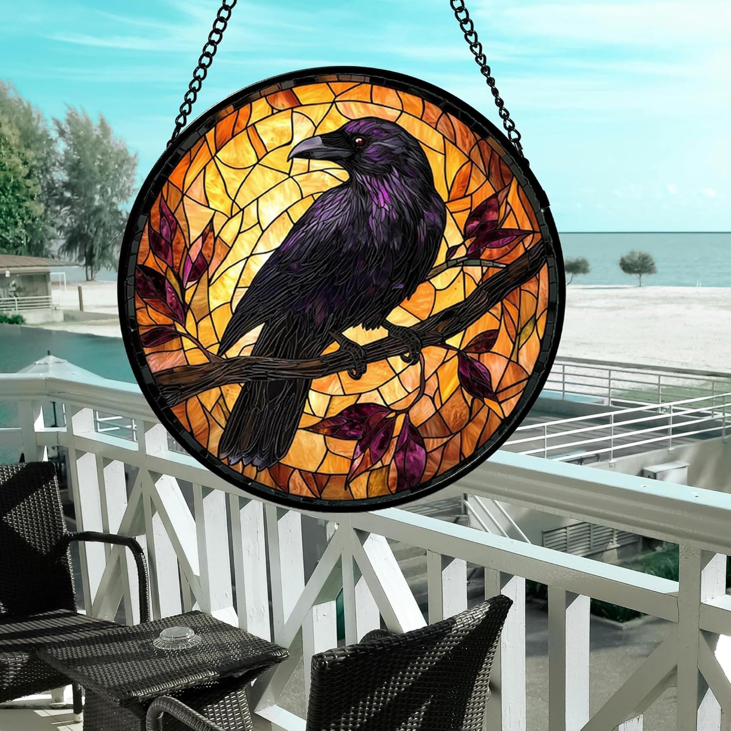 Stained Glass Window Hanging - Crow on a Branch Suncatcher Ready to Hang Window Doors Home Decoration and Christmas, Mother's Day Birthday Gifts for Women, Men, and Mom 14.9x14.9 in
