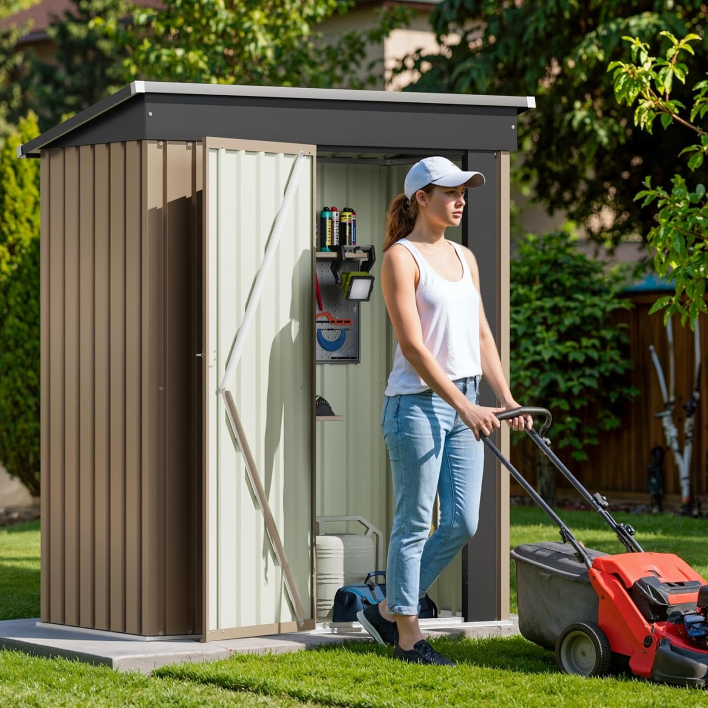 Devoko Outdoor Storage Shed 5 x 3 FT Lockable Metal Garden Shed Steel Anti-Corrosion Storage House with Single Lockable Door for Backyard Outdoor Patio (Brown)