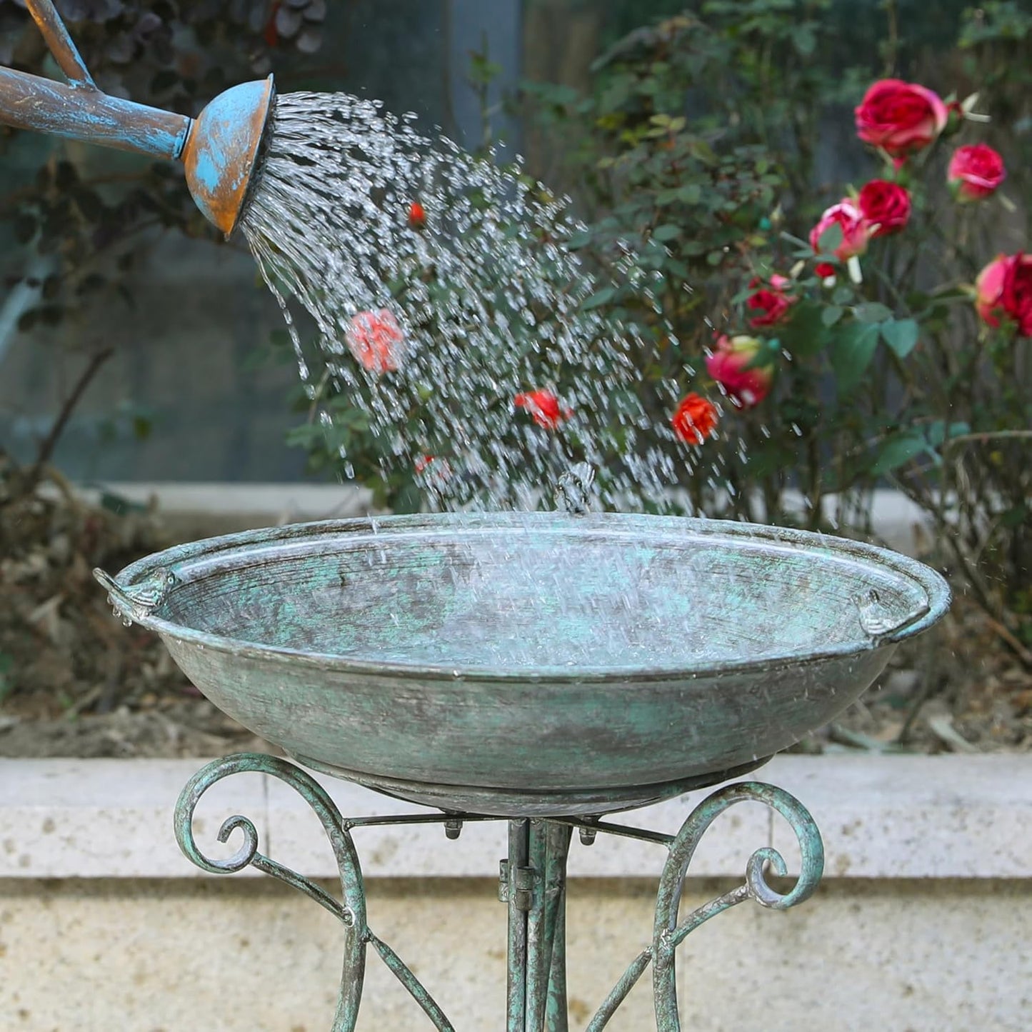 Solution4Patio 19.3" x 26.4" Vintage Metal Bird Bath for Outside - Foldable Garden Decor with Cast Iron Bird, Stable Birdbath Bowl & Feeder
