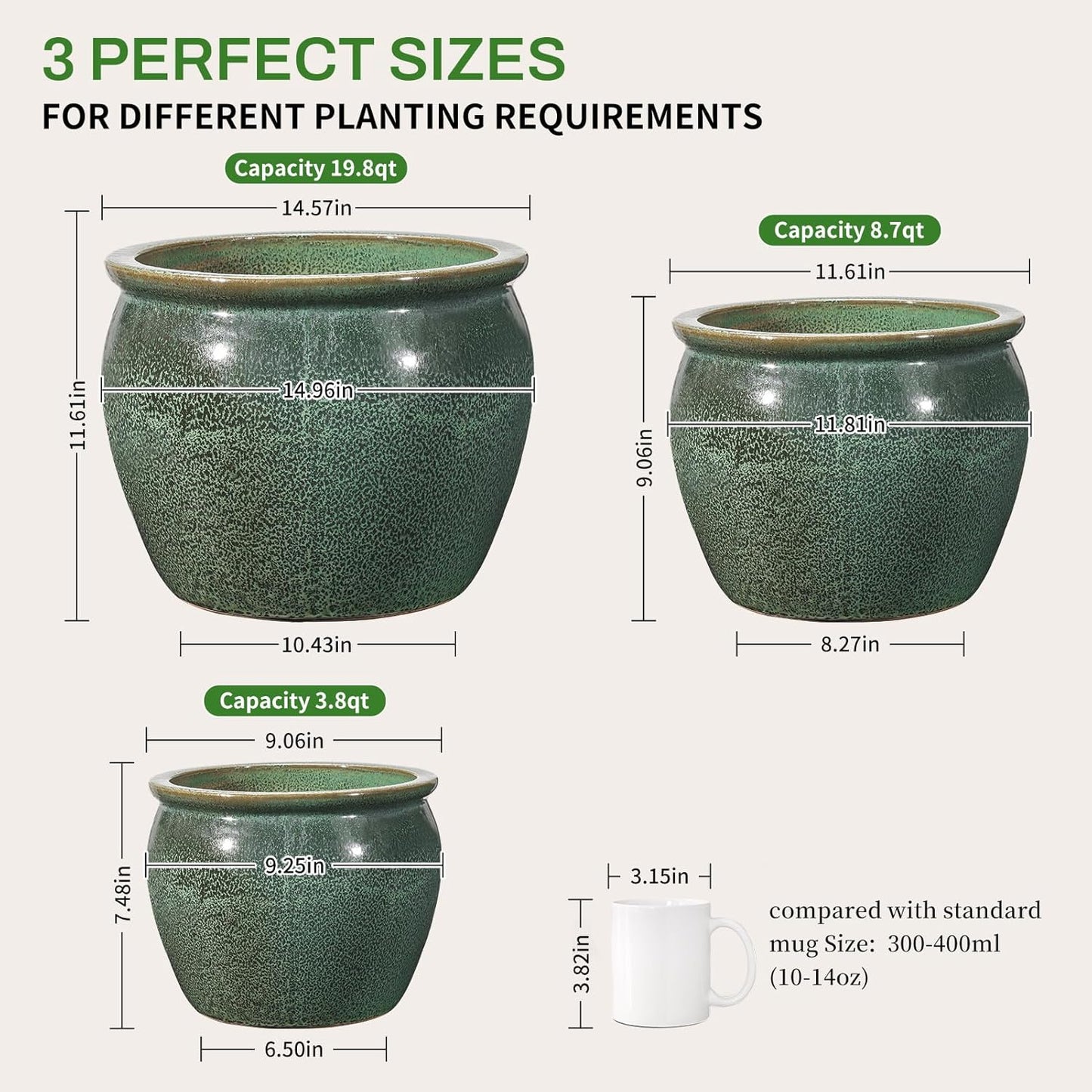 Ceramic Plant Pots Set of 3,9+11.6+14.6 Inch Flower Planters with Drainage Holes Indoor Outdoor, 19.8/8.7/3.8 Qt Capacity, Green Speckled Glaze
