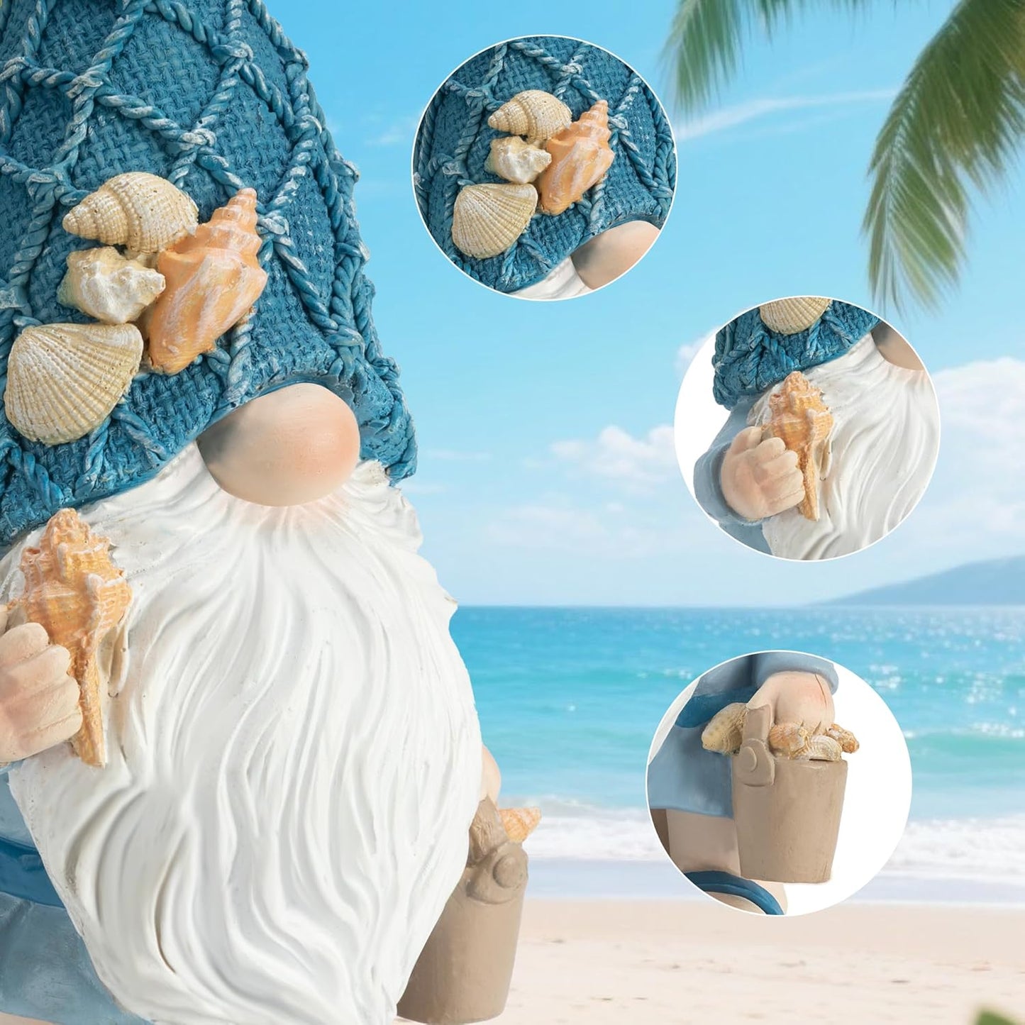 Garden Sea Gnome Statue Decoration Indoor Resin Beach Gnome Sculpture for Home Office Desktop Bathroom, Summer Pool Decoration Gifts (Carrying Bucket of Shells)