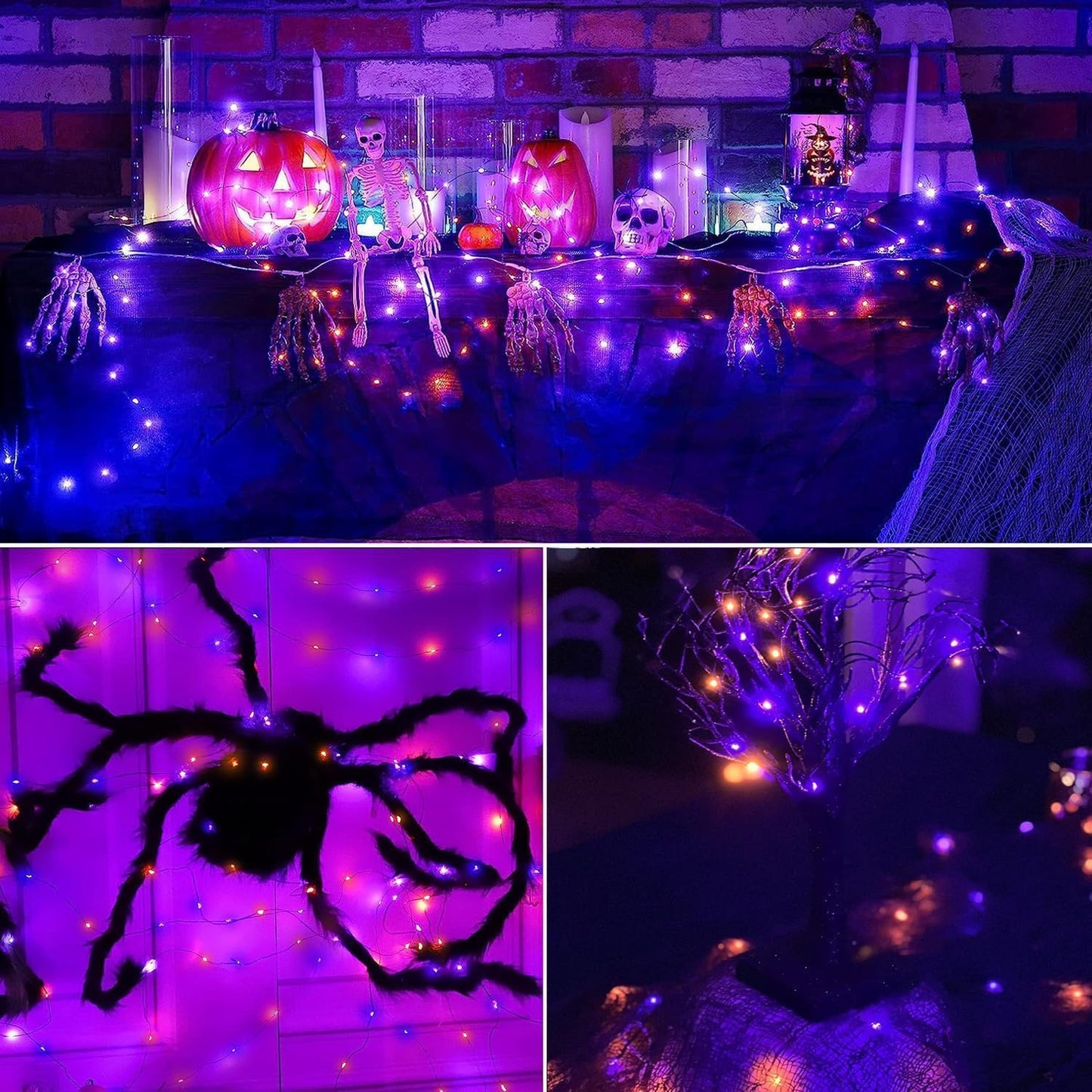 Joomer Orange Purple Halloween Solar String Lights - 2 Pack Total 80FT 240LED Solar Fairy Lights, Waterproof Outdoor Twinkle Lights with 8 Modes for Garden, Porch, Trees, Halloween Decor (Black Wire)