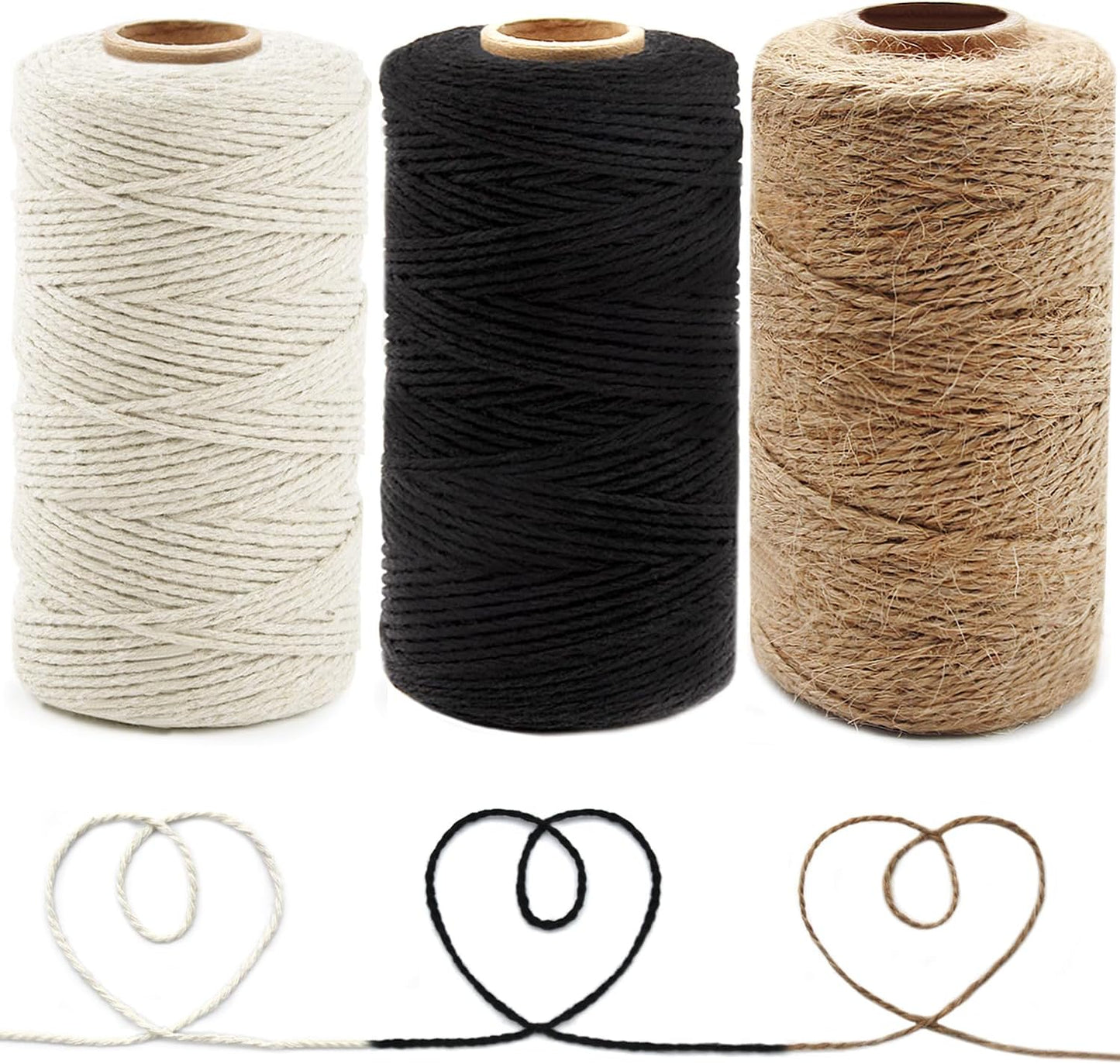 Anvin Cotton Twine - Natural Jute Packing & Wrapping Twines (Black, White) - 984 Feet, 10 Ply, 2mm Thick - Ideal for Bakers, Butchers, Arts & Crafts, Gardening - Pack of 3
