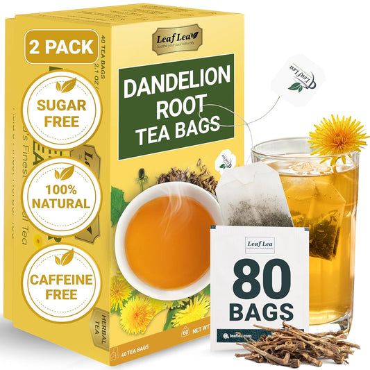 LeafLea 80 Dandelion Tea Bags, All Natural and Pure Dandelion Root Tea, Supports Digestion & Immune Health, Individually Wrapped Tea Bags, Caffeine-Free, Vegan, No Sugar, Gluten-Free, Non-GMO, 2 Pack