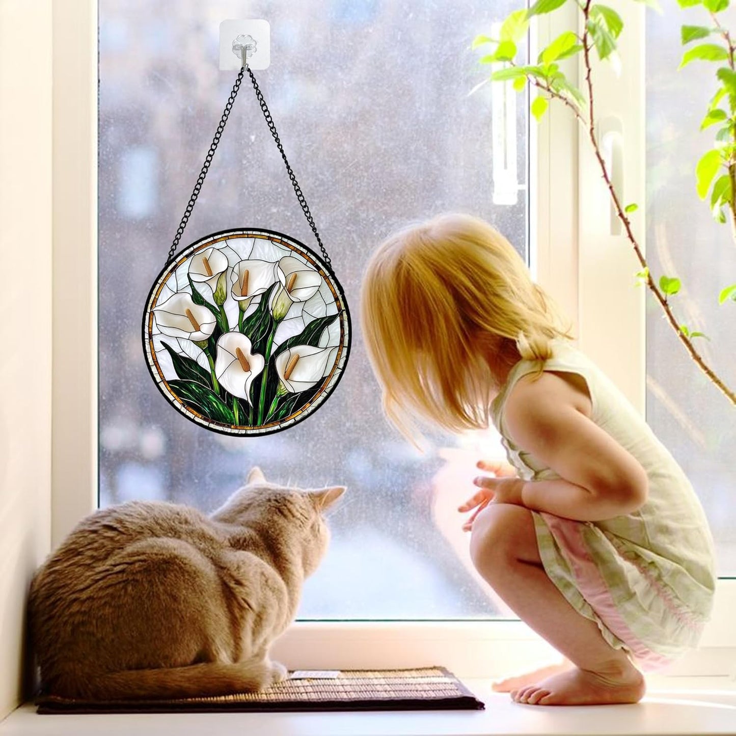 Stained Glass Window Hanging, White Calla Lily Flowers Sun Catchers Glass Panel Plant Suncatcher Decor for Birthday for Women, Men, Wife, Aunt, and Mom 6.3 in