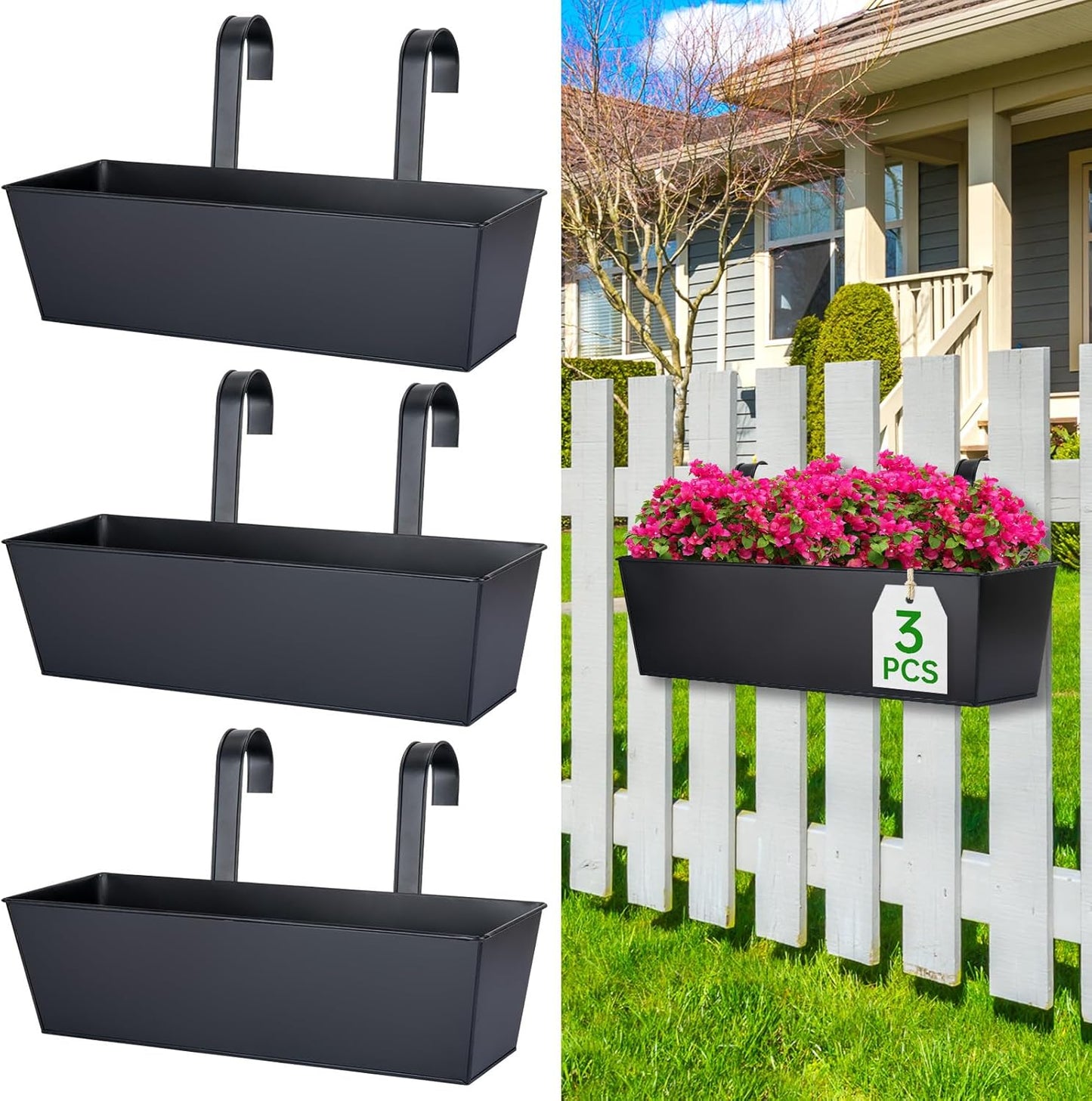 OGIMA 16-Inch Railing Planter Box, 3 Pack Large Hanging Planters for Outdoor Plants with Adjustable Wide Hooks for 2.7'' Railings - Balcony Planters Railing Hanging for Deck, Fence & Patio Decor