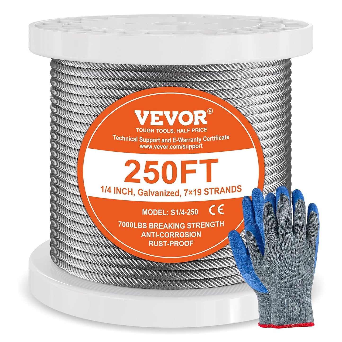 VEVOR Wire Rope, 1/4" 250 ft Zinc Galvanized Carbon Steel Cable with Gloves, 7000 lbs Breaking Strength, 7 x 19 Strands Construction Marine Aircraft Grade for Handrail Stair Decking Fence Outdoors