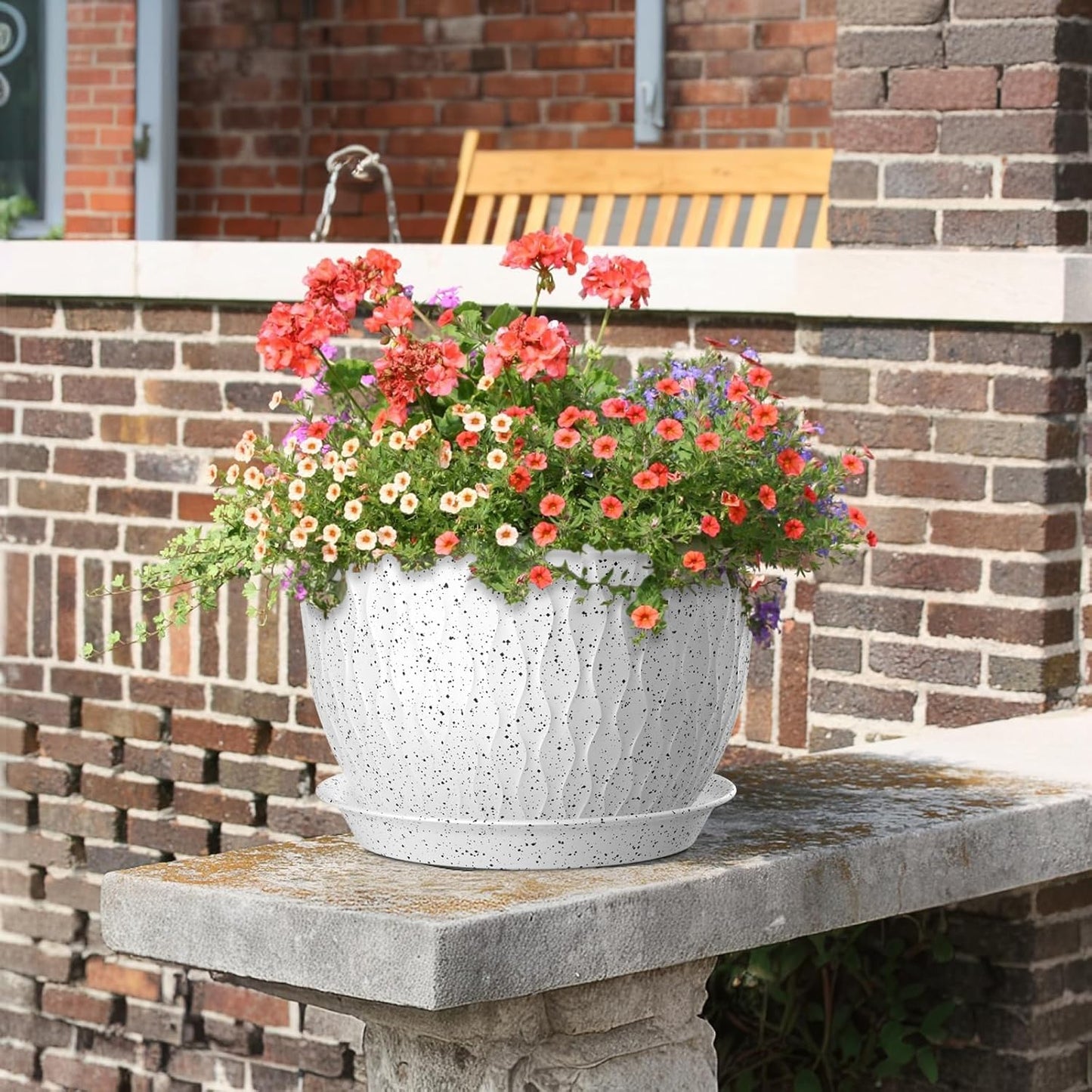 12/10/9 inch Large Flower Pots, 3 Set Big Plant Pots for Outdoor Indoor Plants with Water Ripples, Wide Plastic Planters with Drainage Holes and Saucers for Garden House Plants, Speckled White