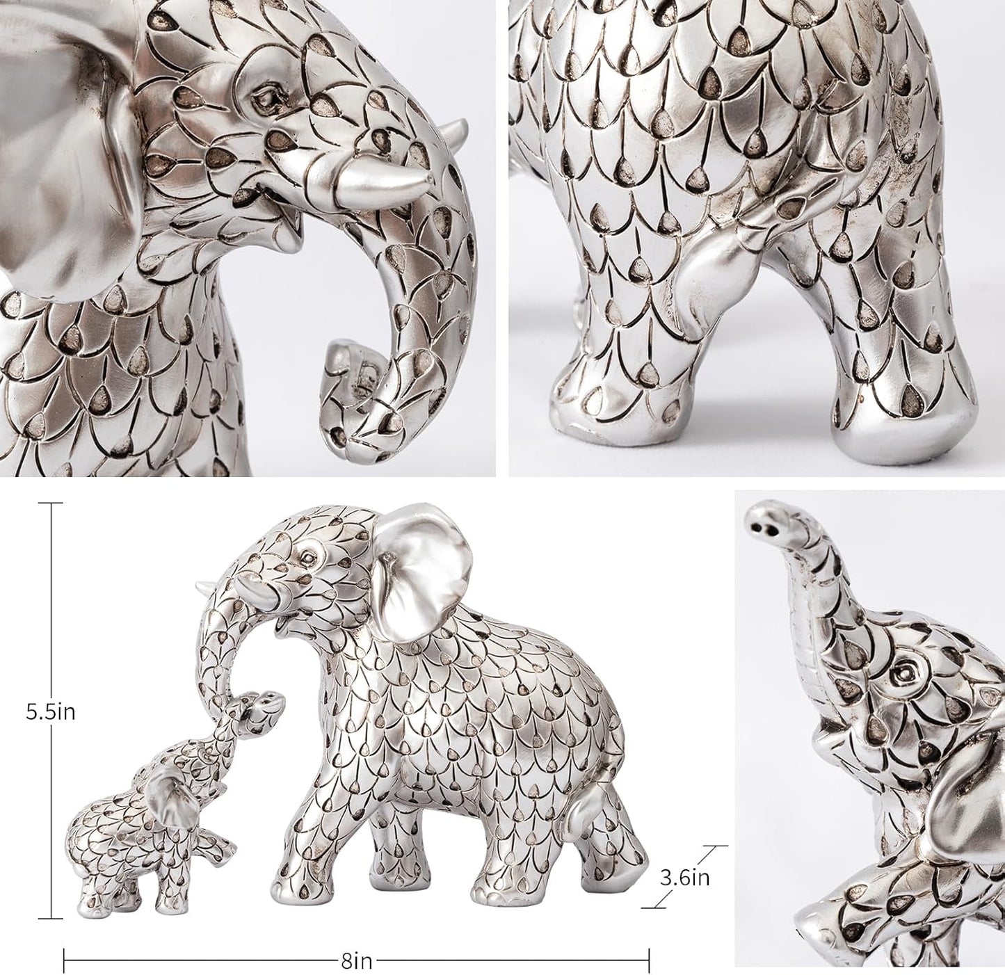 Vintage Silver Elephant Statue.Elephant Figurines Inspiring Good Luck,Health.Unique Elephant Gifts for Women,Moms.Elephant Home Decor Ornaments for Living Room,Bookshelf,Table Centerpiece,Office.