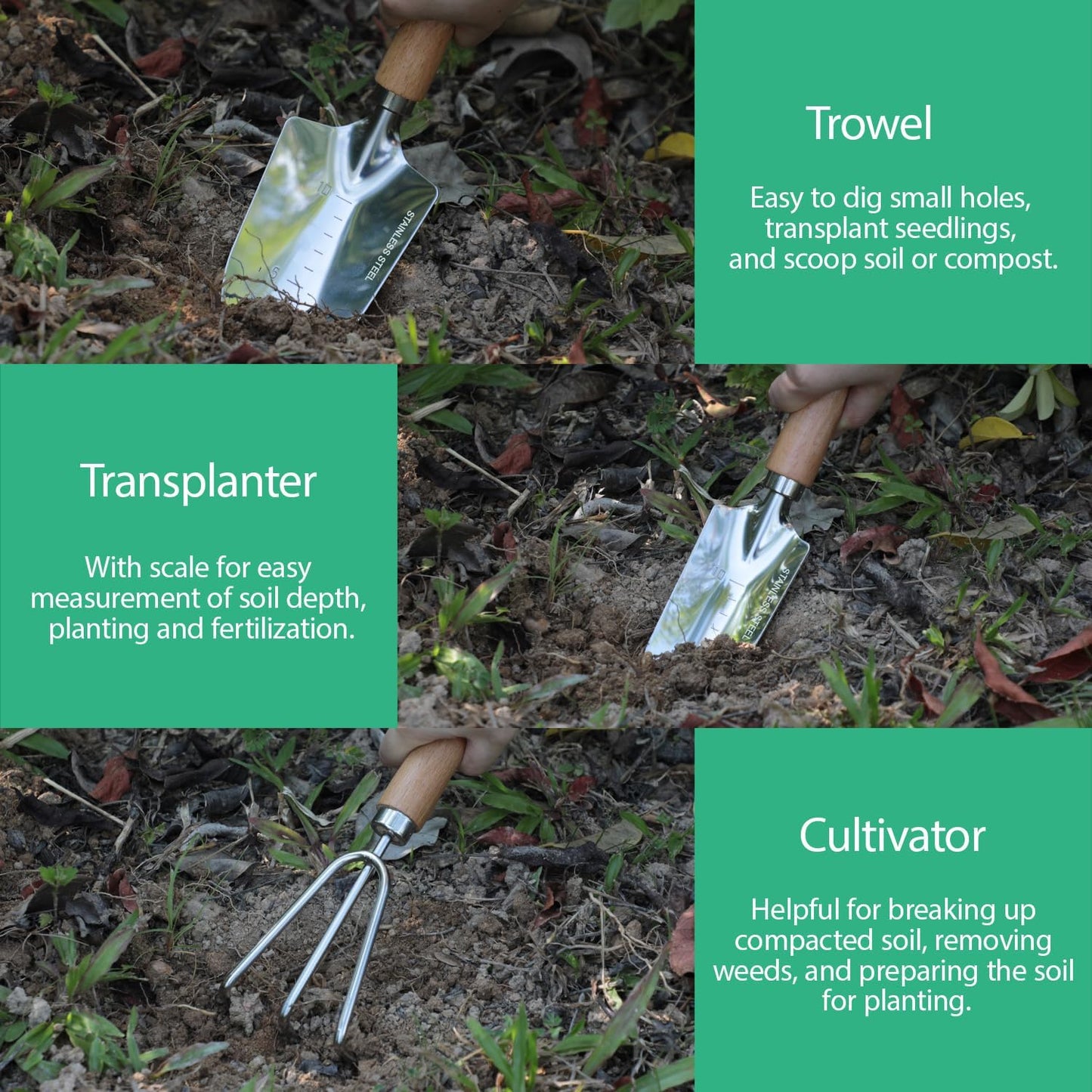 LeMotech Garden Tool Set, 3Pcs Stainless Steel Heavy Duty Gardening Kit Including Trowel Transplanter Cultivator Gardening Hand Tools with Handle, Planting Tool for Women Men