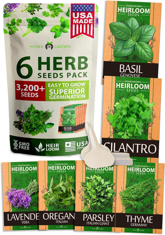 HOME GROWN 6 Herb Seeds for Planting 3,200+ Non-GMO Heirloom Seeds | Extra Large Variety Pack Herb Kit – Indoor Outdoor & Hydroponic | Culinary Seed Set | Grow Your Own Herbs | Gift for Beginners