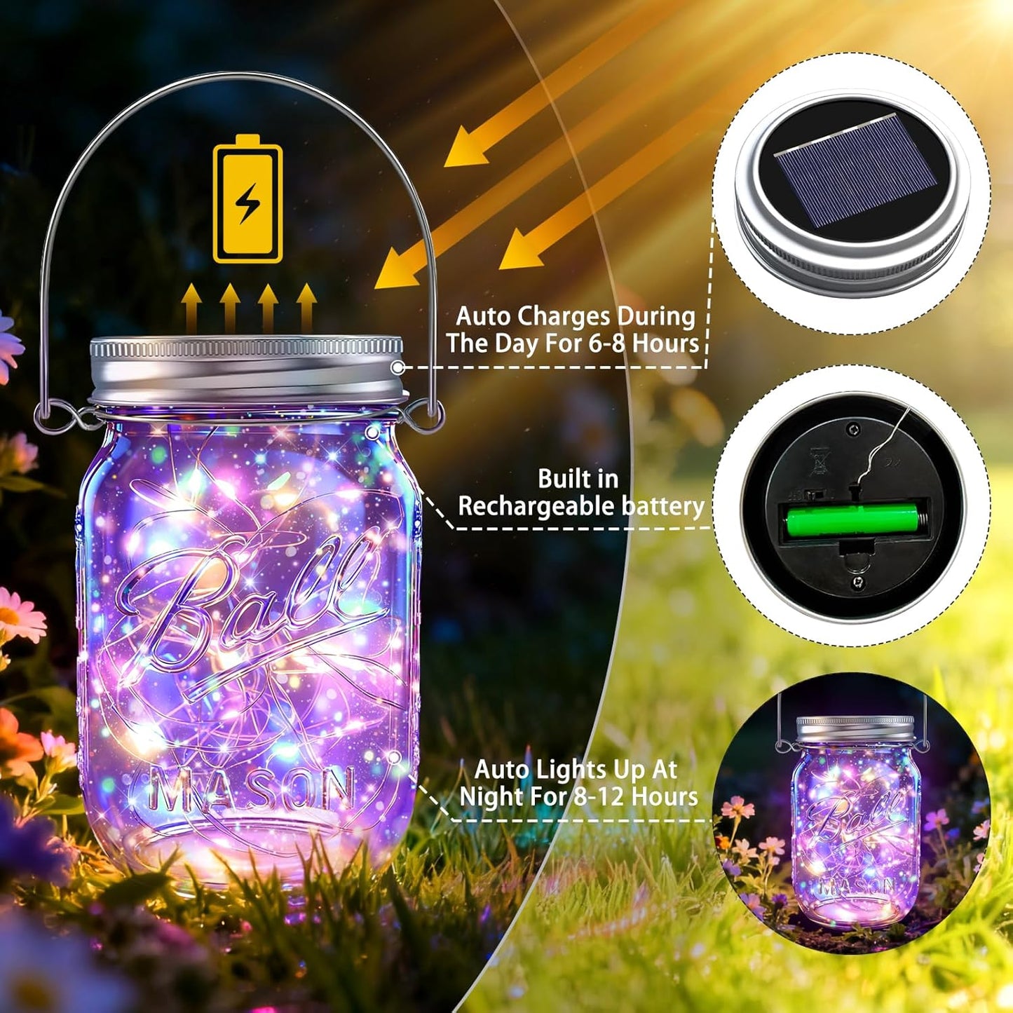 Solar Mason Jar Lights [Upgraded], 12 Pack 30 LED Firefly Fairy String Lights, Waterproof Outdoor Solar Mason Jar Lid Lights with Hangers(NO JARS) for Patio Garden Yard Wedding Decoration - Multicolor