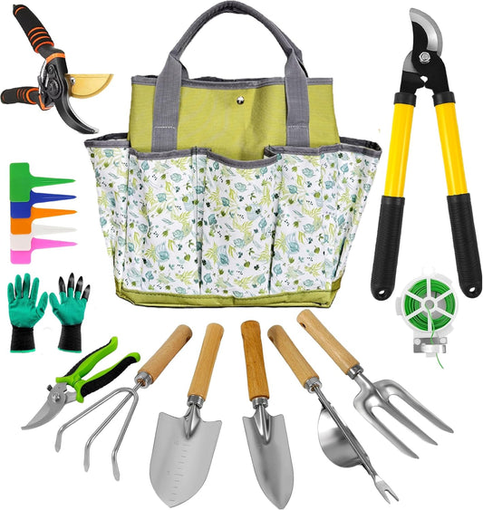Gardening Tools – 42 Piece Premium Gardening Tool Set,Heavy Duty Hand Tools with Fashion Garden Tools Organizer Handbag,Rust-Proof Gardening Tool Kit, Ideal Gardening Gifts for All (Green Floral)