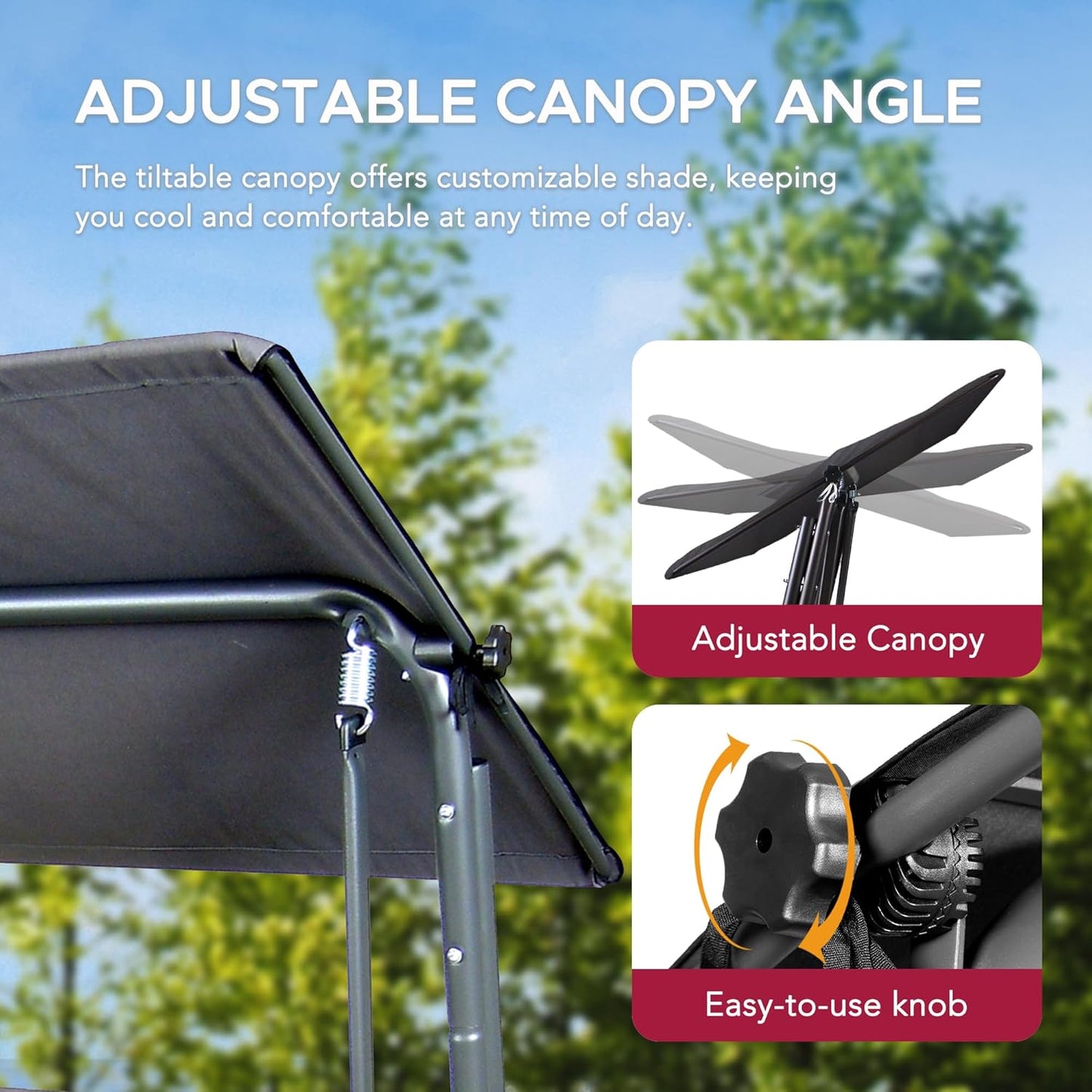 SUNJOY 3-4 Seat Luxury Outdoor Porch Swing, Steel Patio Swing with Elastic Metal Mesh Seat, Convertible Design, Cushion and Adjustable Canopy for Garden, Poolside, Backyard, Grey - Made in Italy