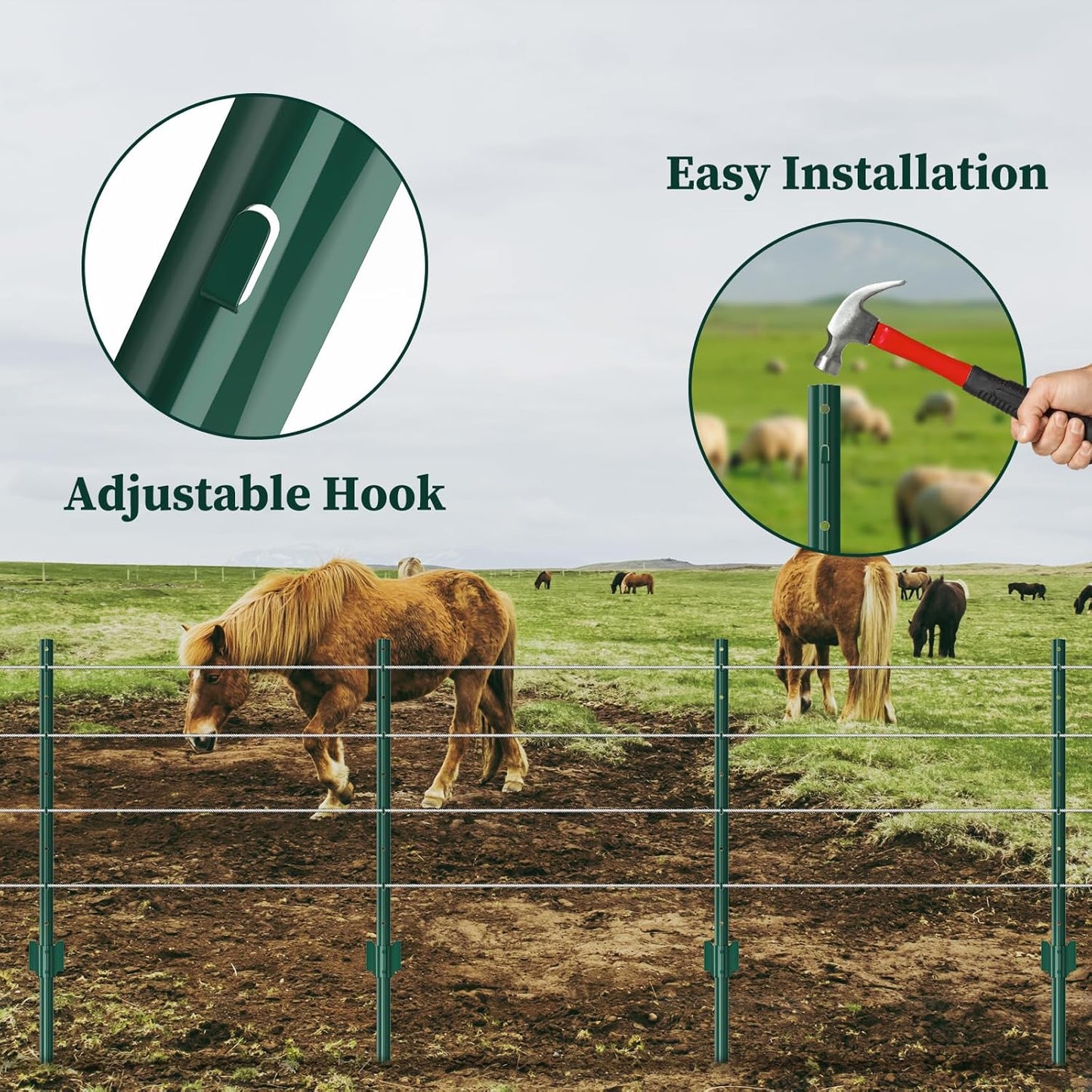 10 Pack Garden Fence Post, 3 Feet Heavy Duty Metal U-Post for Wire Fence, No Dig Garden Fence Stakes for Temporary Fencing, Electric Fence Wire, Corner Anchor, and More-Green