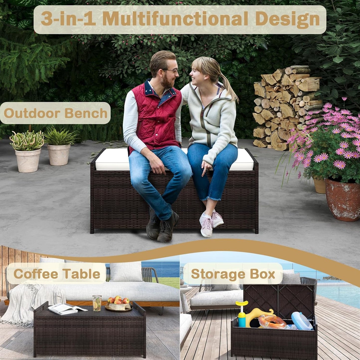 RELAX4LIFE 34-Gallon Outdoor Storage Box - Wicker Rattan Deck Box w/Seat Cushion, Waterproof Liner & Side Handles for Pillows, Patio Cushions, Pool Supplies, Garden Tools, Porch Outdoor Storage Bench