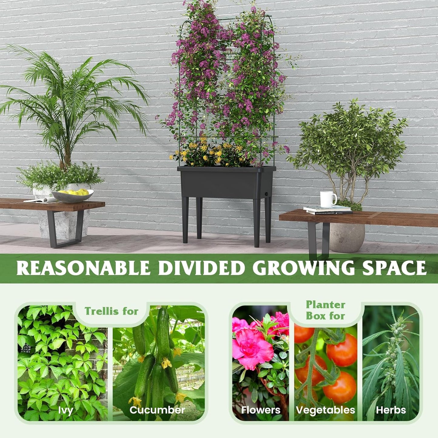 Happygrill Raised Garden Bed with Trellis, 4 in 1 Self-Watering Planter w/Water Level Observer, Drainage Holes, Climbing Net & Detachable Legs, Garden Cucumber Planter for Vegetables Flowers