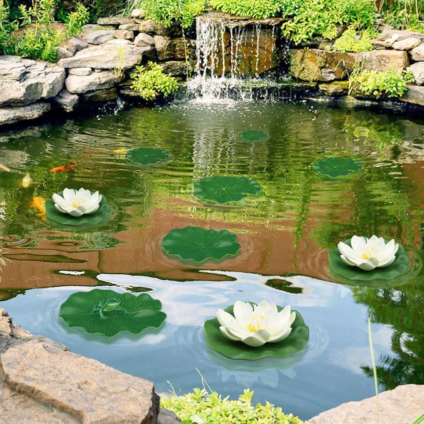 12pcs Floating Foam Lotus Flowers with Lily Pads, Artificial Pond Plants Ornaments for Pool Aquarium Water Decoration, White
