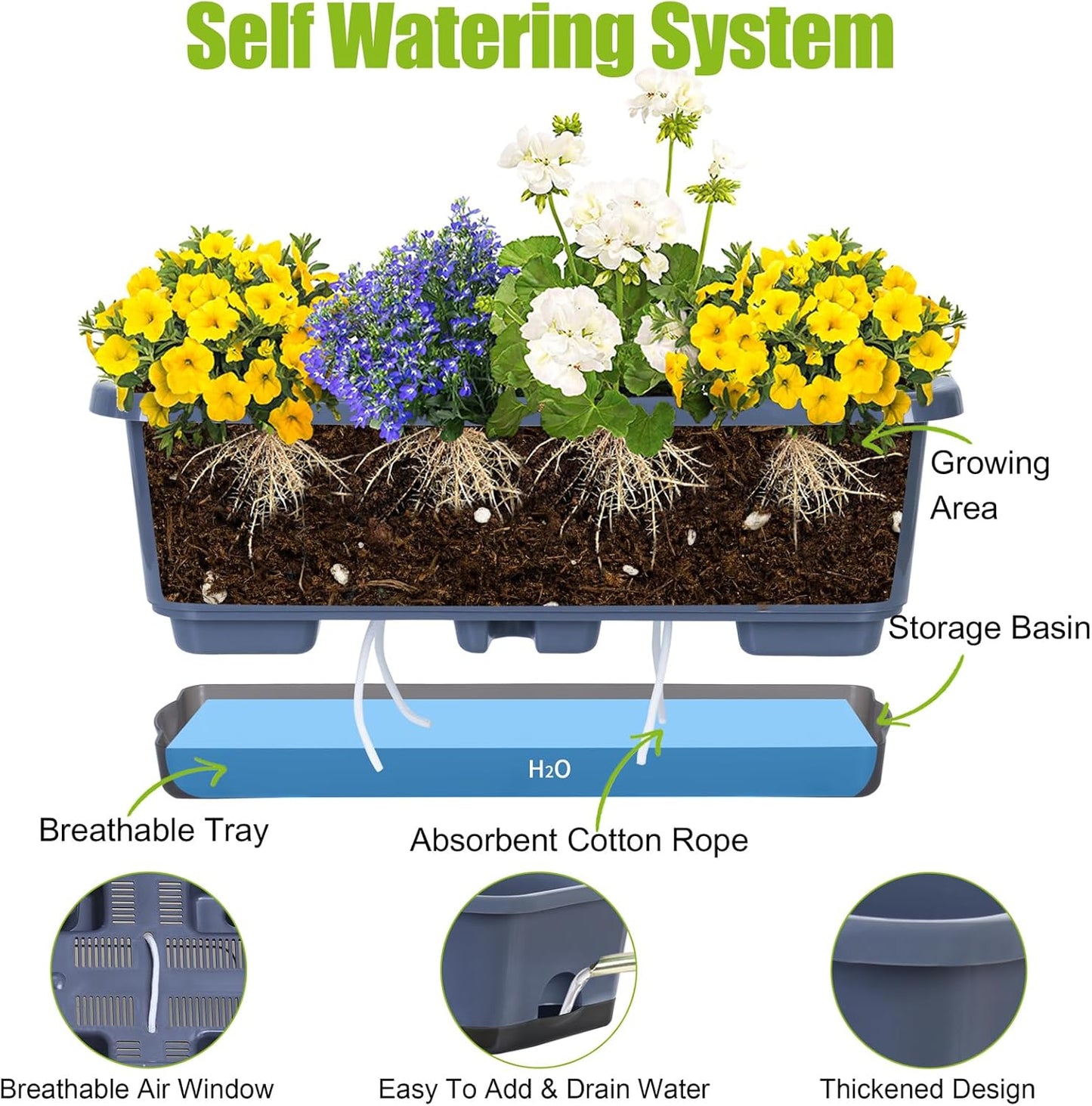 Window Box Planter 6 Pcs, 18 Inches Rectangle Flower Pots with Drainage Holes and Trays, Vegetable Planters for Windowsill Patio Garden Balcony Home Porch Yard Indoor Outdoor (Grey, 18*10*6 inch)