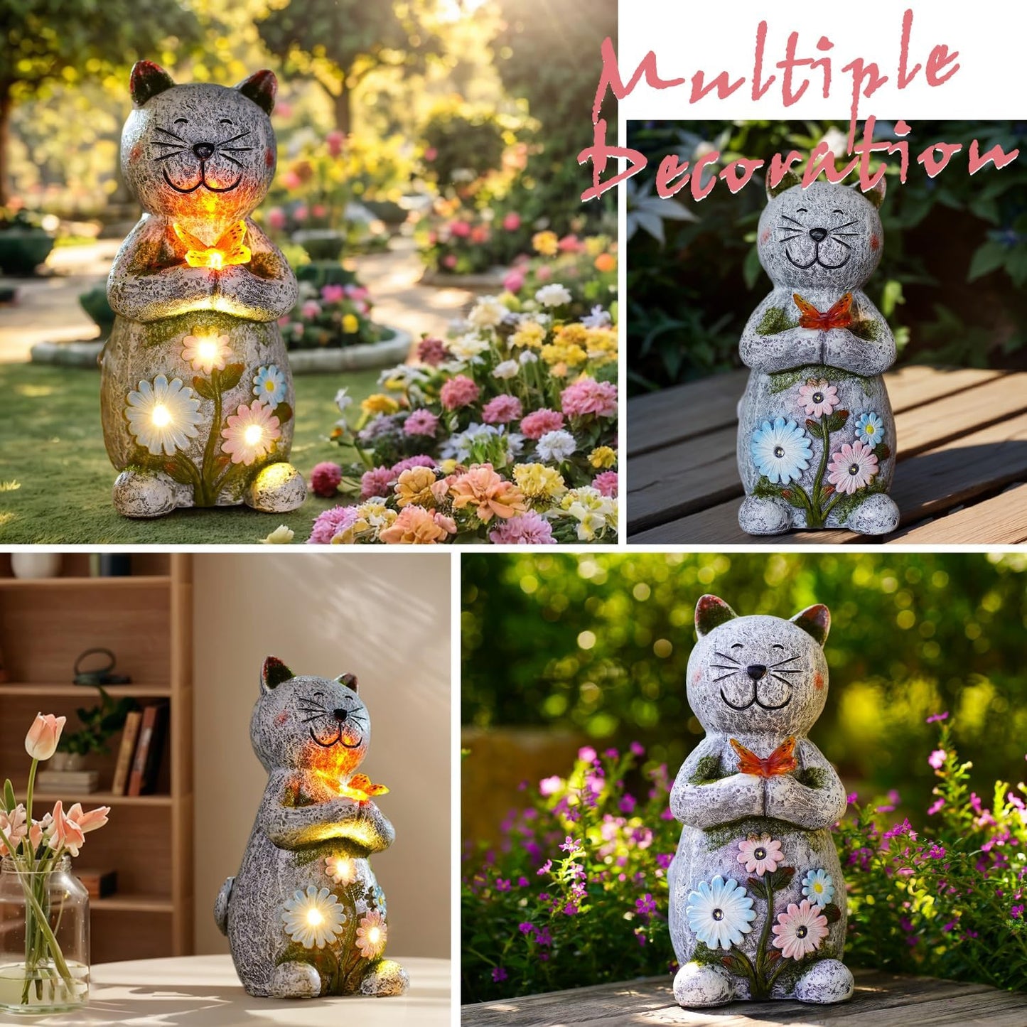 Solar Garden Statue Cat Figurine – Outdoor Decoration with Butterfly for Garden Yard Lawn Home Decor Outside : Unique Gifts for Mom Grandma