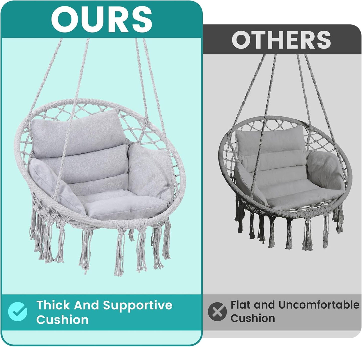 Macrame Hammock Hanging Swinging Chair with Medium Cushion, Perfect for Bedroom, Porch, Adults, Balcony, Grey