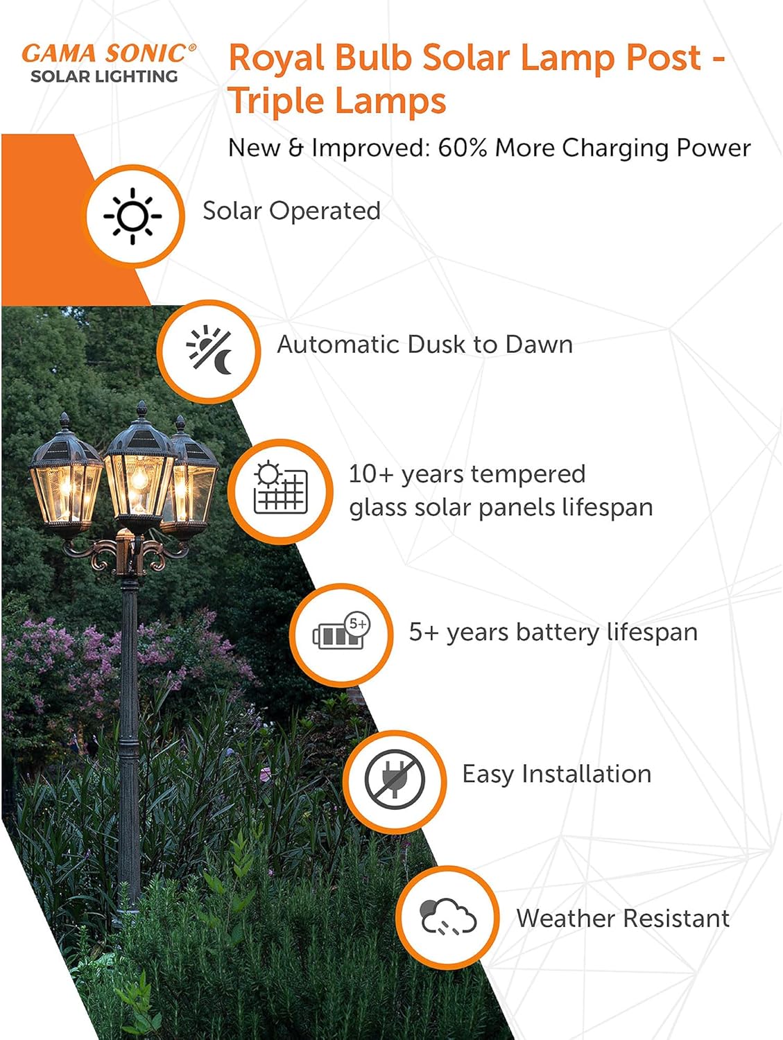 Gama Sonic Royal Bulb Solar Lamp Post Light Kit, 89 inch Tall, Outdoor Triple Head Weathered Bronze Cast Aluminum, Rain Water Glass Light Pole, Warm White 2700K 98B303 (Upgraded Panel)