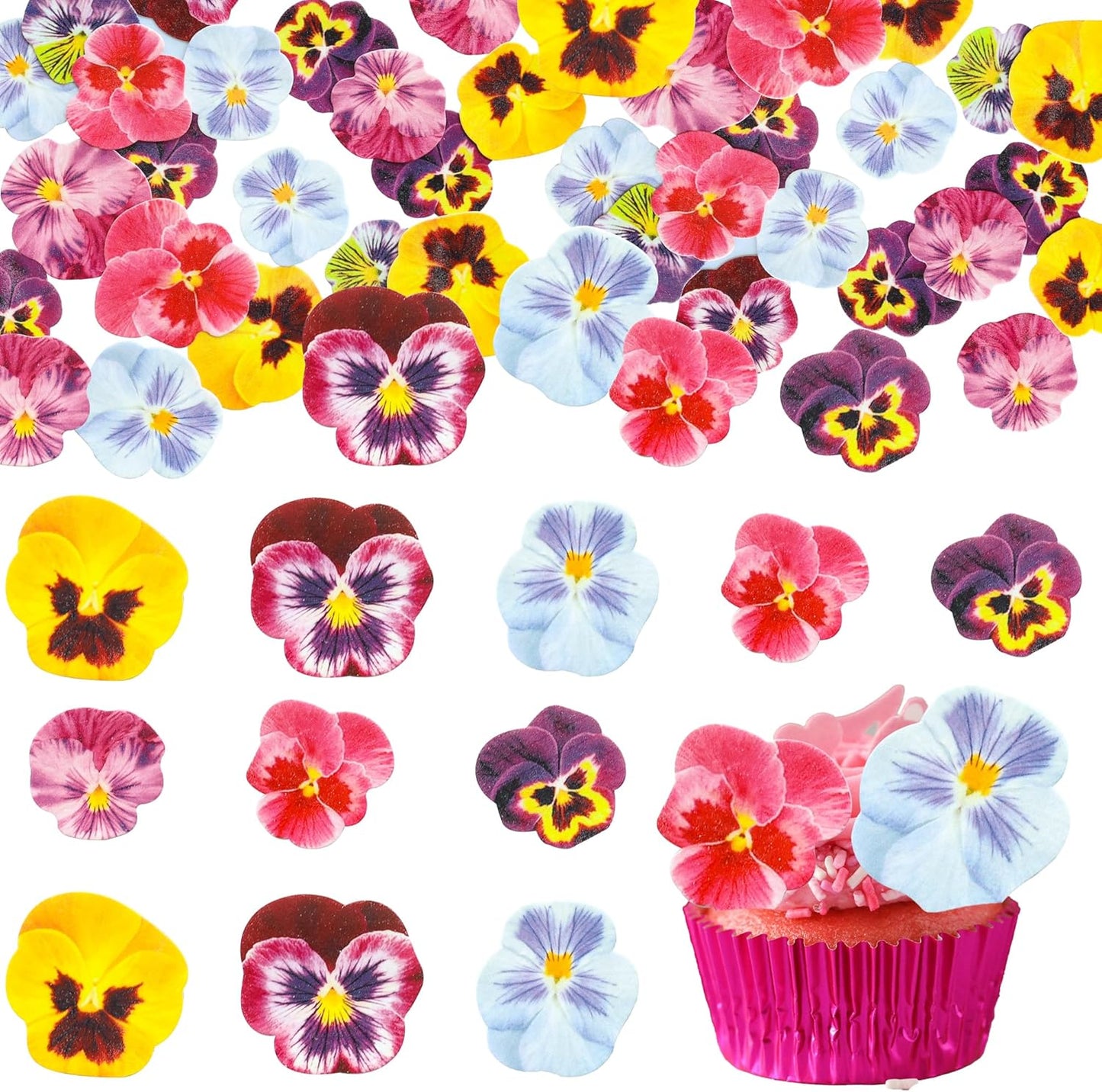 Ephlyn 64Pcs Edible Flower Cupcake Toppers Spring Bridal Engagement Baby Shower Birthday Party Cupcake Picks Anniversary Party Decorations Supplies