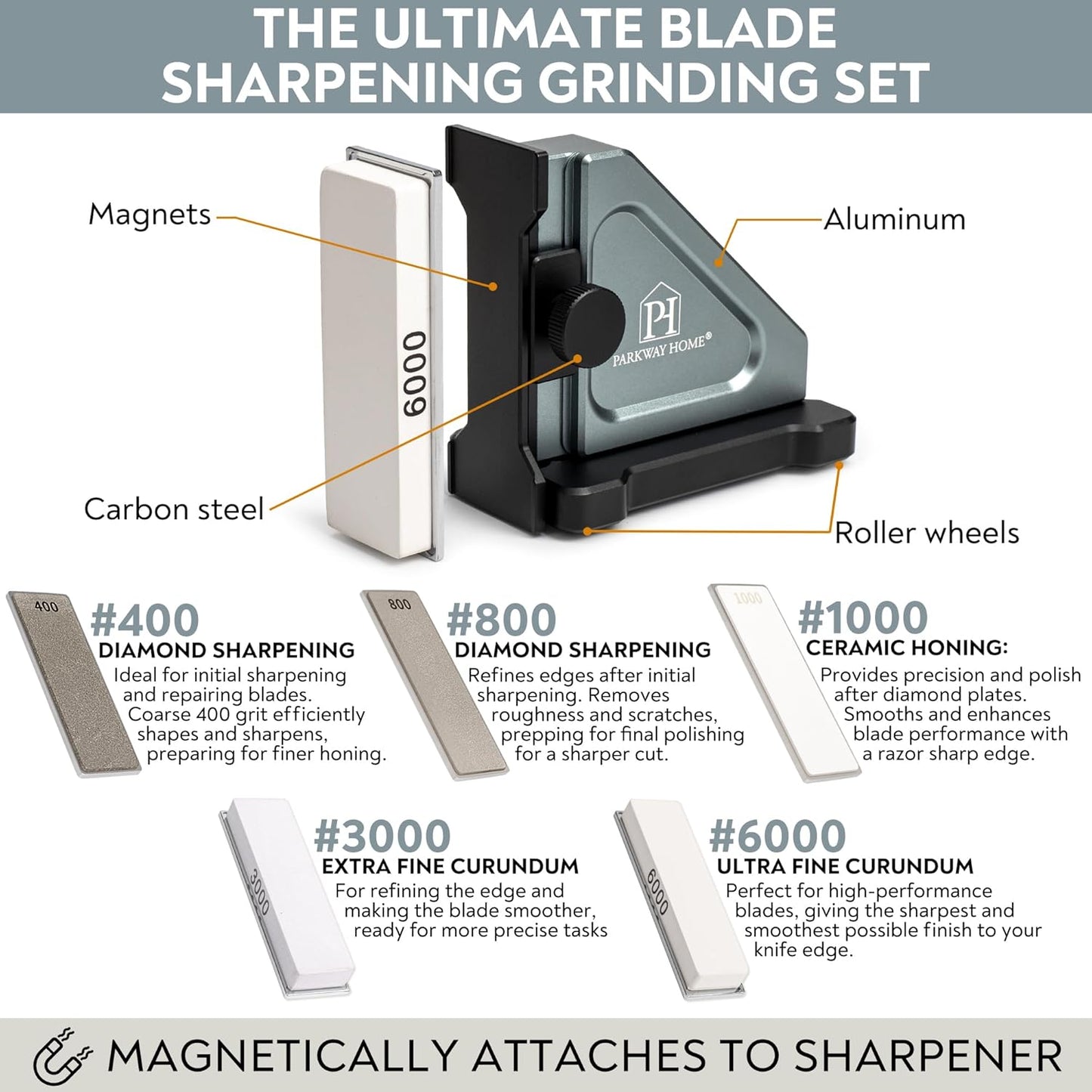 ORIGINAL ADJUSTABLE ROLLING KNIFE SHARPENER KIT: Adjustable Height, 30 Angle Options, 5 Removeable Whetstone Plates, Leather Strop with Travel Case - Kitchen Knife Sharpener