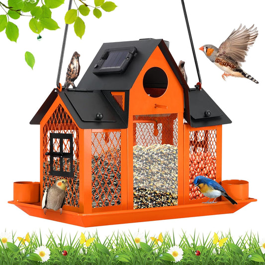 Solar Bird Feeders House for Outside Hanging, Metal Wild Bird Feeder for Outdoors, Large Cardinal Bird Feeder Birdhouses Orange