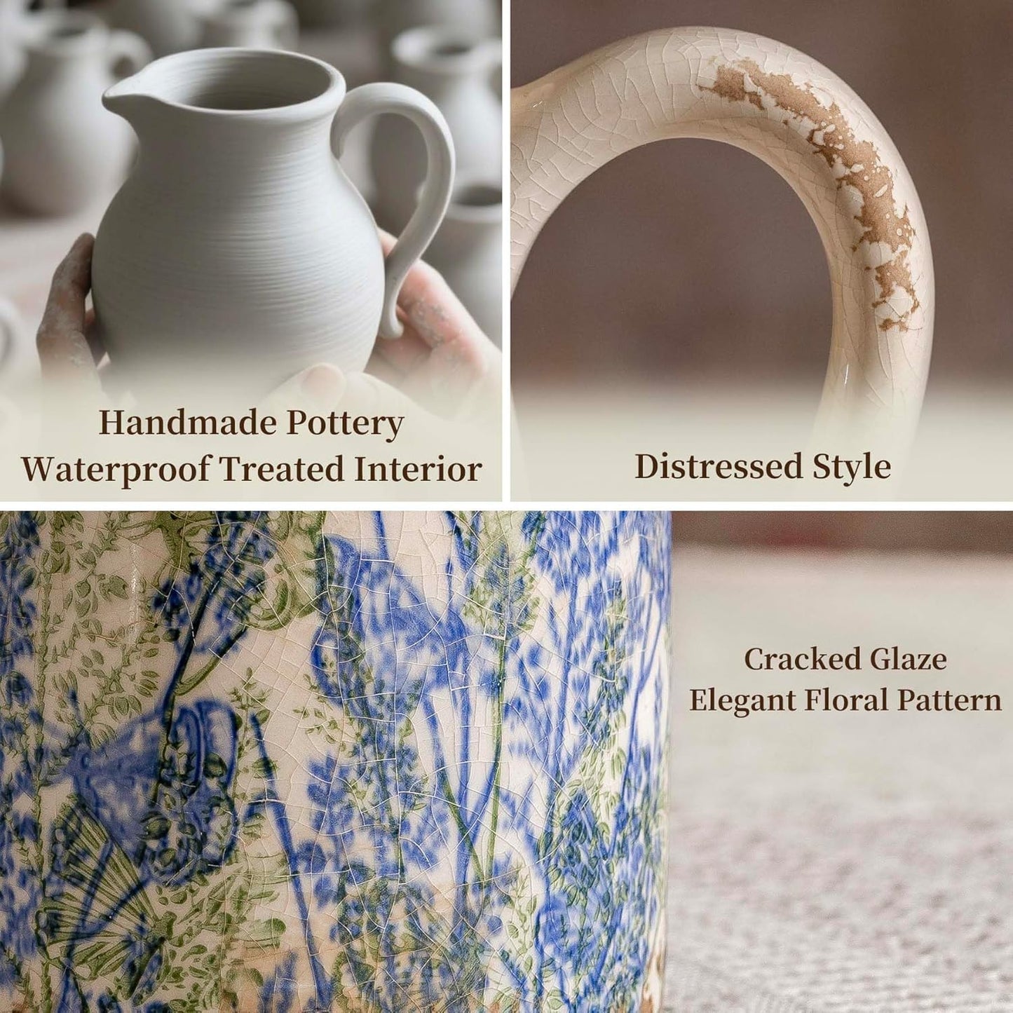 Navy Blue and Green Vintage Ceramic Floral Pitcher Vase, Rusitc Farmhouse Beige Decorative Flower Vase for Home Decor, Living Room, Rustic Table Centerpiece, Grand Millenial & Tuscan Decor 7.3 in