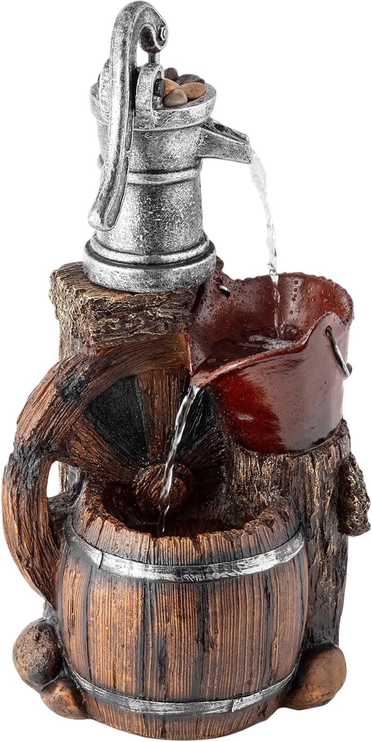 Alpine Corporation WCT688 Outdoor Floor Tiered Rustic Barrel and Pump Water Fountain, Old-Fashioned Waterfall , 24", Brown