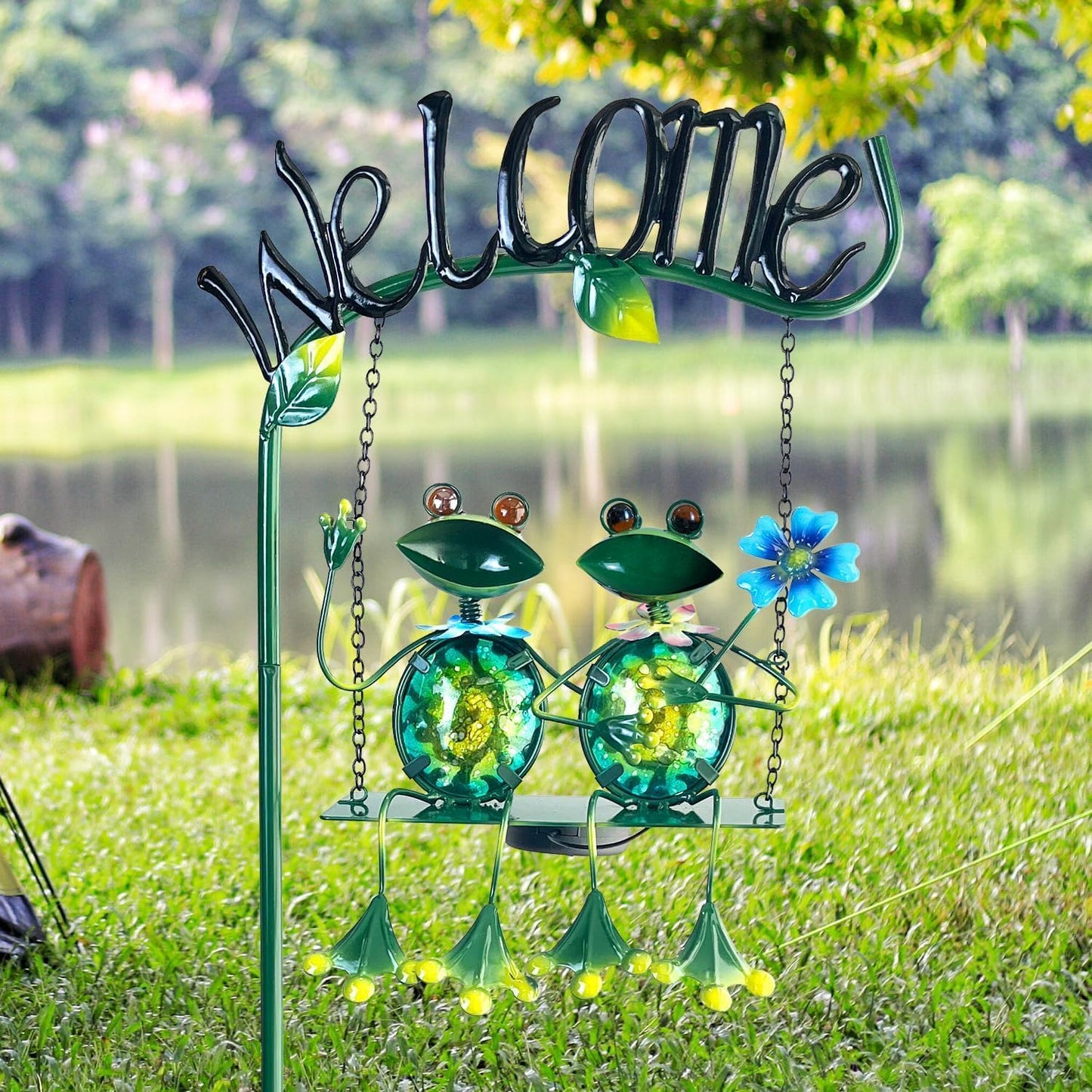 HONGLAND Outdoor Garden Solar Lights,Frog Swing Garden Decor,Frog Decorative Stake with Welcome Sign for Landscape Patio Yard (48 inch)