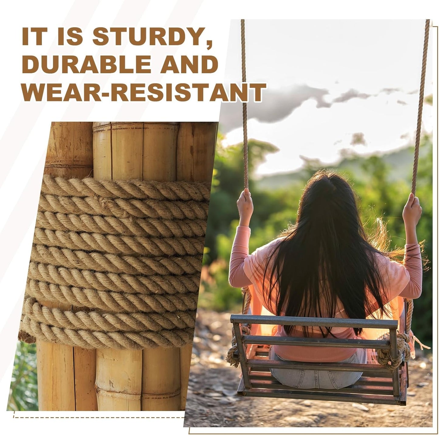 MECCANIXITY Jute Rope 1.1 Inch x 20ft, Thick Twine Rope Ropes Braided Jute Twine Natural Brown Burlap Cord String Heavy Twisted with Tapes for Decorative Crafts Railing Swing Tug of War