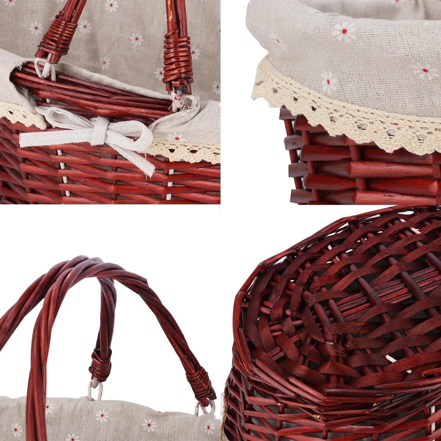 Brown Wicker Basket with Linen Lining, 14 Inch Large Wicker Woven Picnic Basket with Handle for Picnic, Camping, Outdoor Party