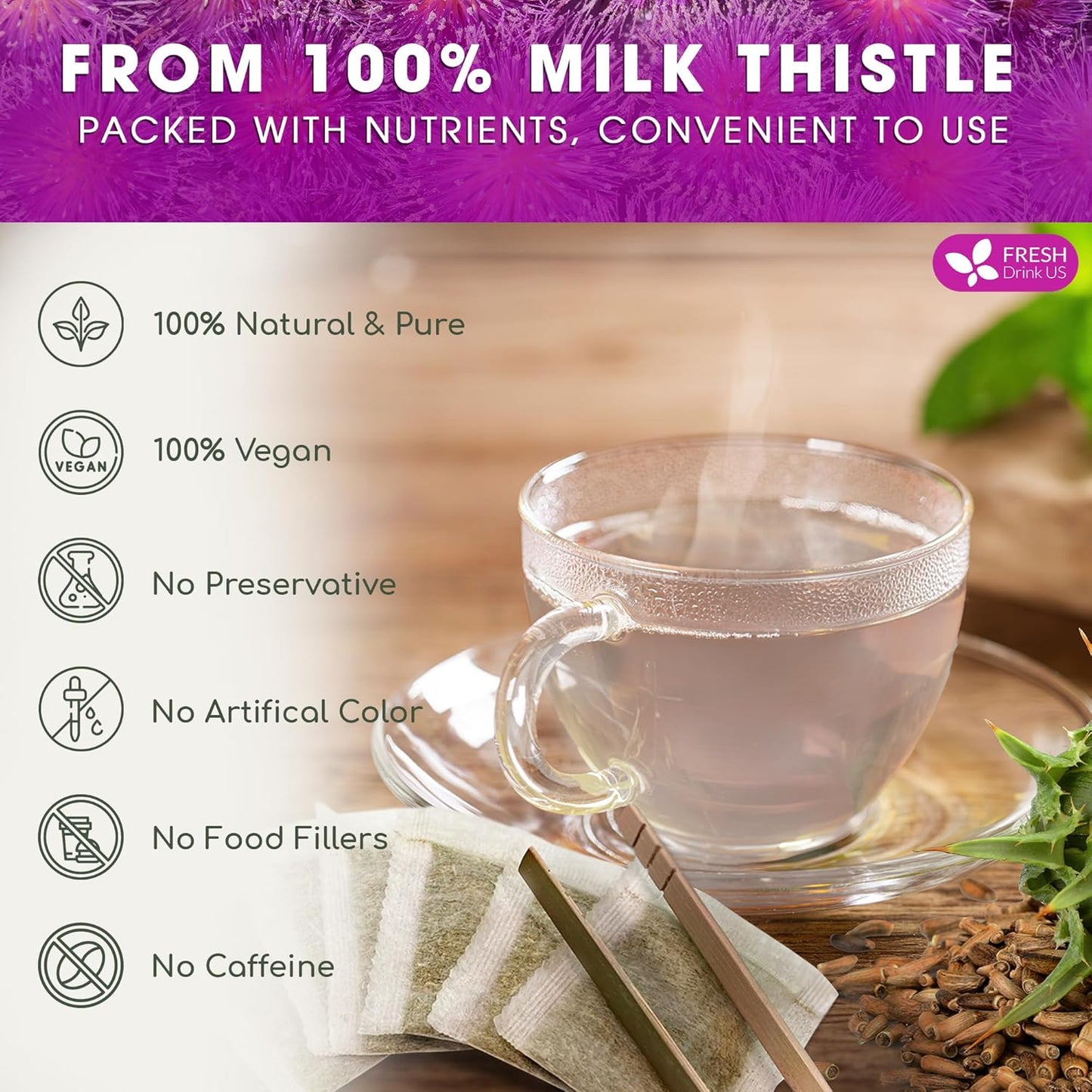 FreshDrinkUS, Premium 30 Milk Thistle Tea Bags, 100% Natural & Pure from Milk Thistle Seeds. Milk Thistle Seed Herbal Tea. Made with Natural Material Tea Bags. No Sugar, No Caffeine, No Gluten, Vegan.